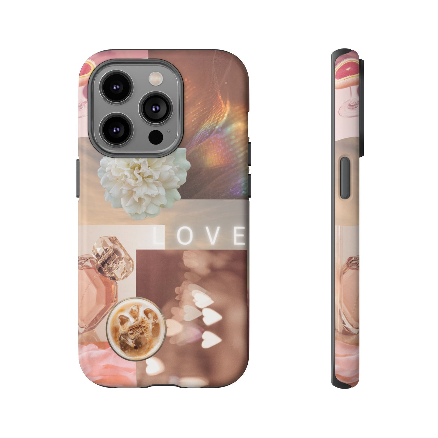 Romantic Collage Phone Case — 'LOVE' Floral, Coffee & Perfume Aesthetic