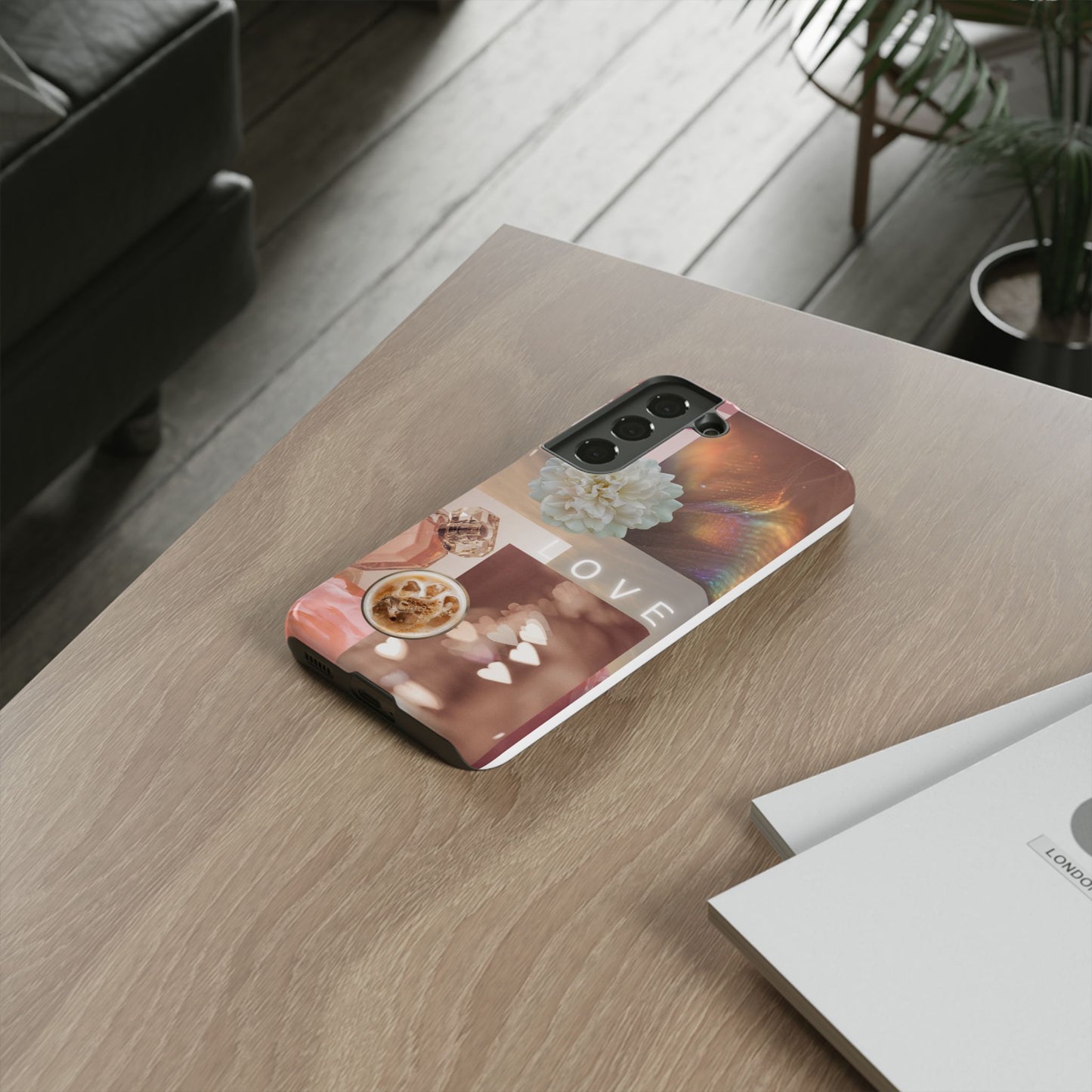 Romantic Collage Phone Case — 'LOVE' Floral, Coffee & Perfume Aesthetic