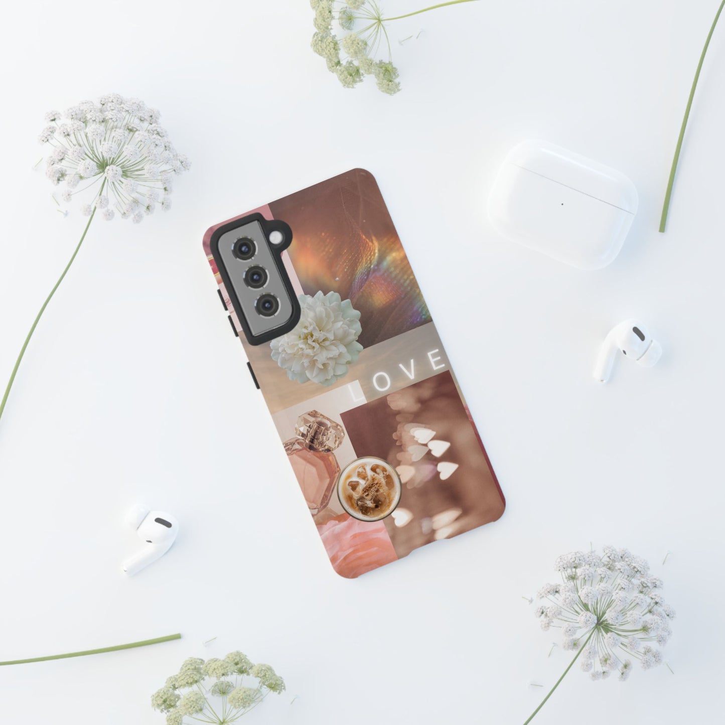 Romantic Collage Phone Case — 'LOVE' Floral, Coffee & Perfume Aesthetic