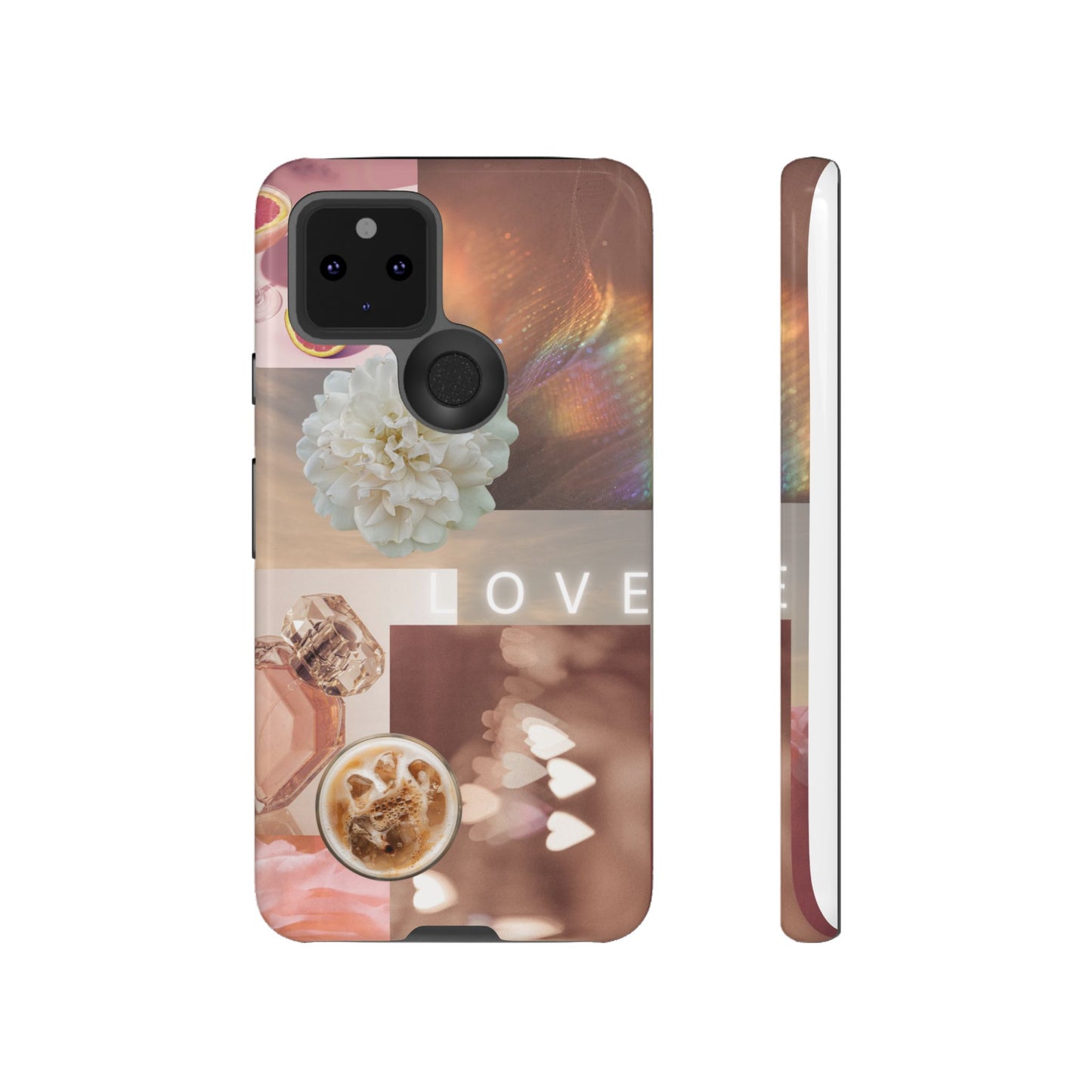 Romantic Collage Phone Case — 'LOVE' Floral, Coffee & Perfume Aesthetic