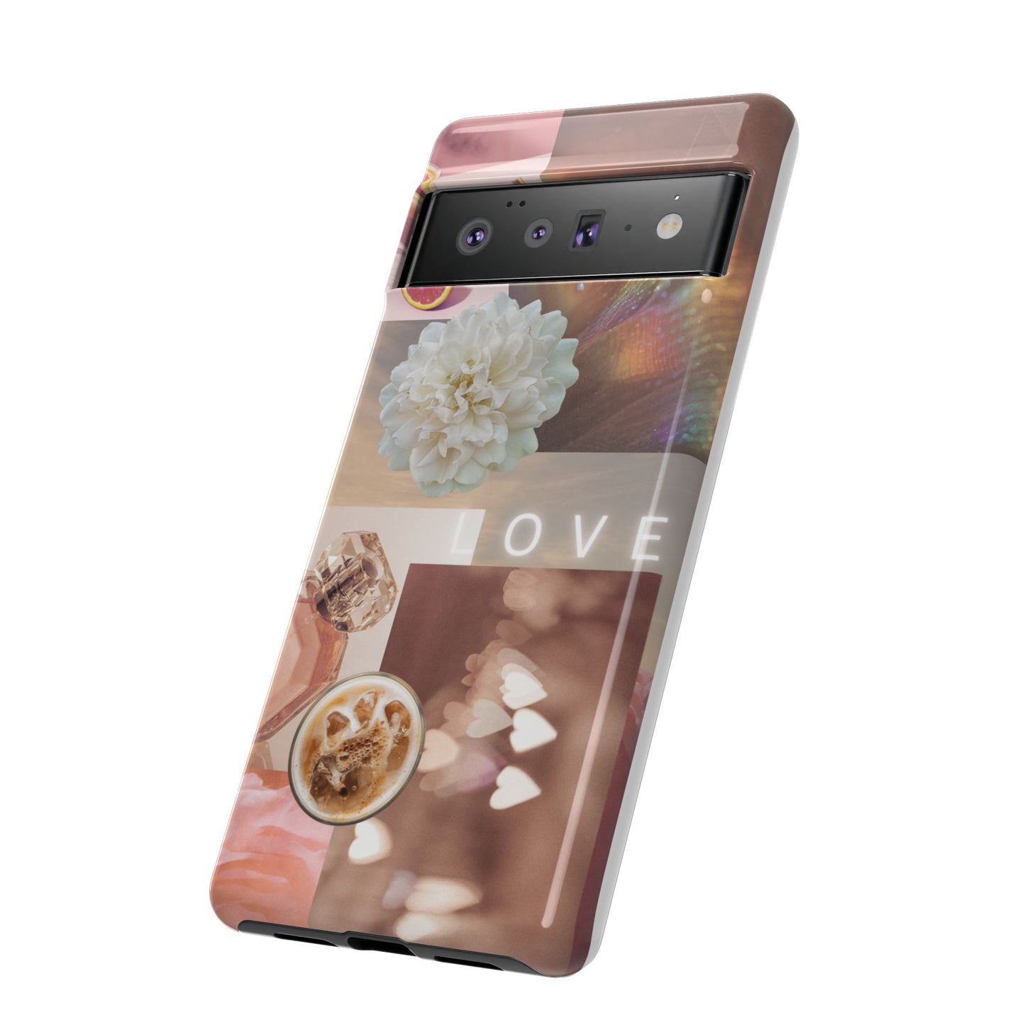 Romantic Collage Phone Case — 'LOVE' Floral, Coffee & Perfume Aesthetic