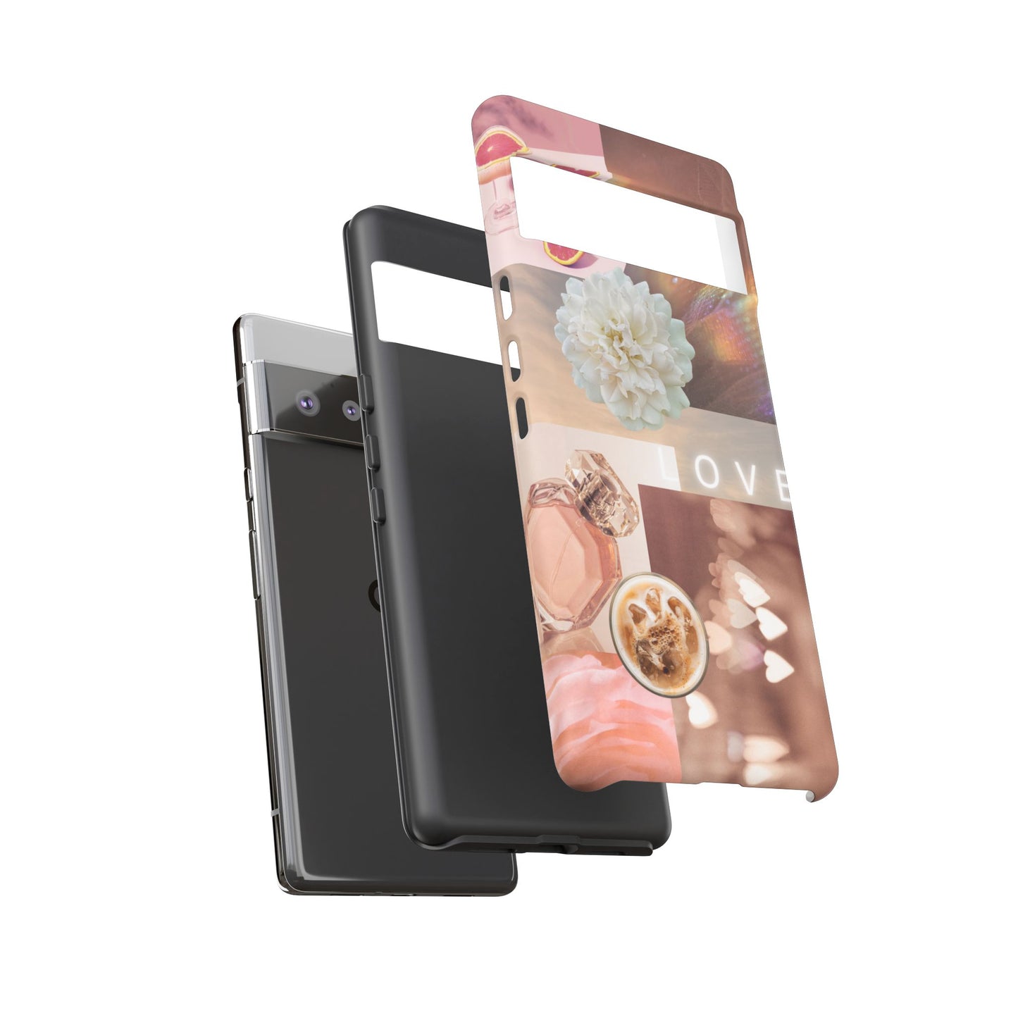 Romantic Collage Phone Case — 'LOVE' Floral, Coffee & Perfume Aesthetic