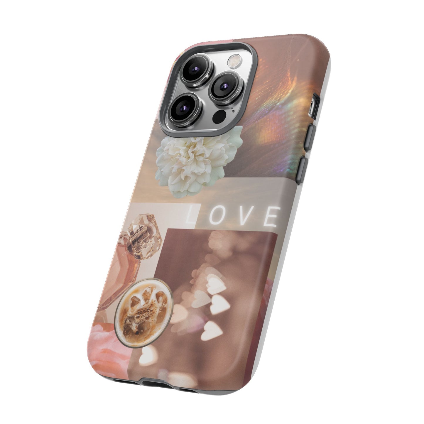 Romantic Collage Phone Case — 'LOVE' Floral, Coffee & Perfume Aesthetic