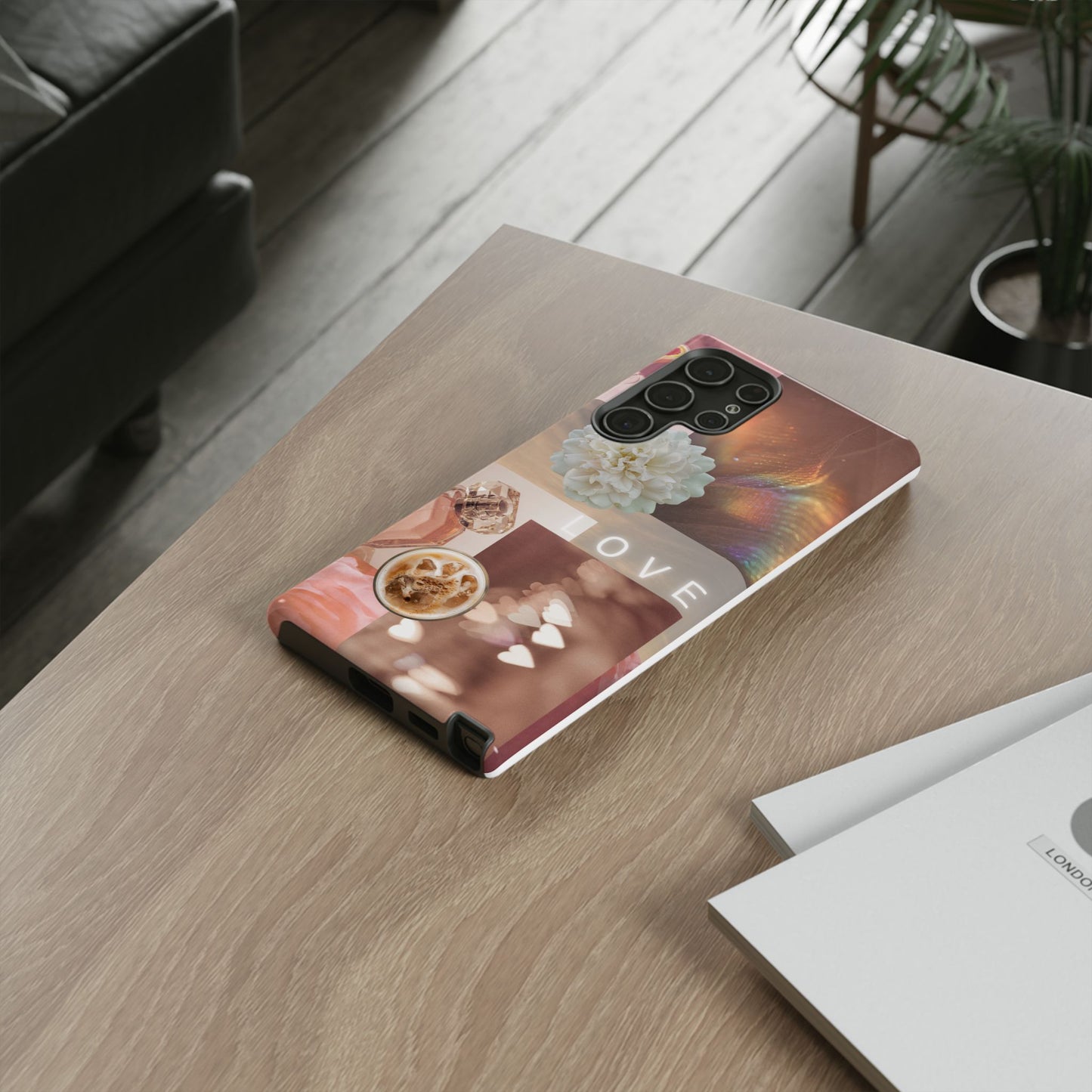 Romantic Collage Phone Case — 'LOVE' Floral, Coffee & Perfume Aesthetic