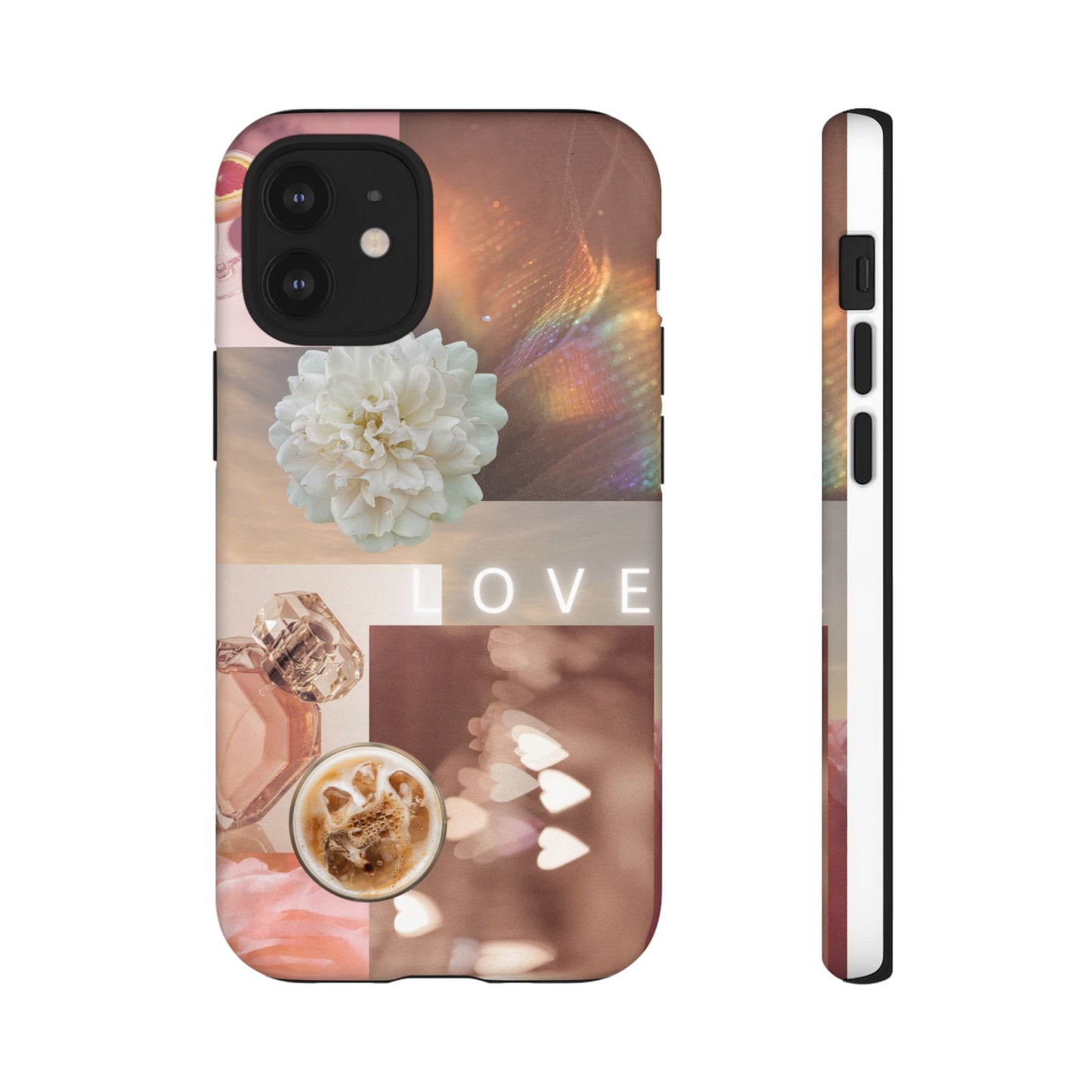 Romantic Collage Phone Case — 'LOVE' Floral, Coffee & Perfume Aesthetic