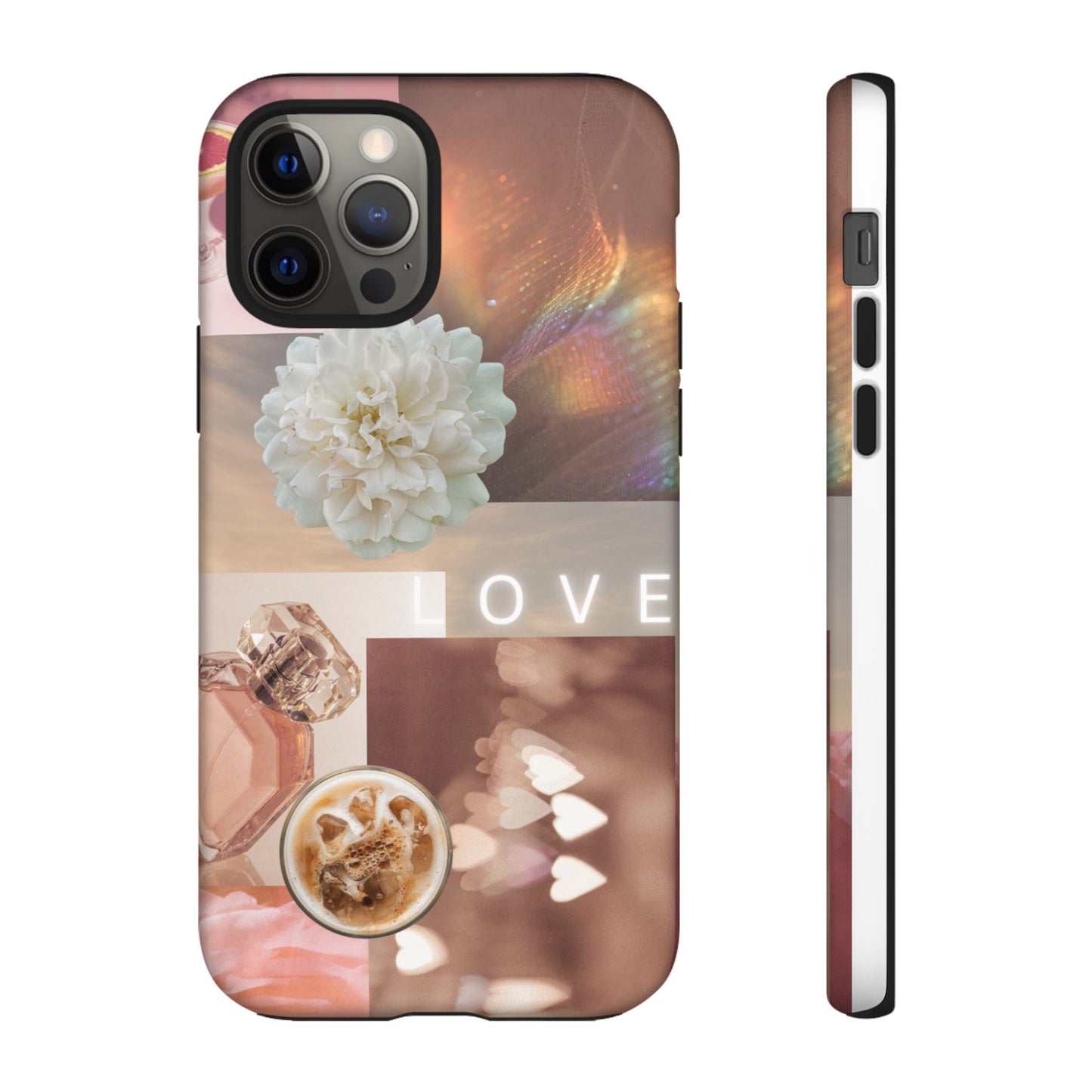 Romantic Collage Phone Case — 'LOVE' Floral, Coffee & Perfume Aesthetic