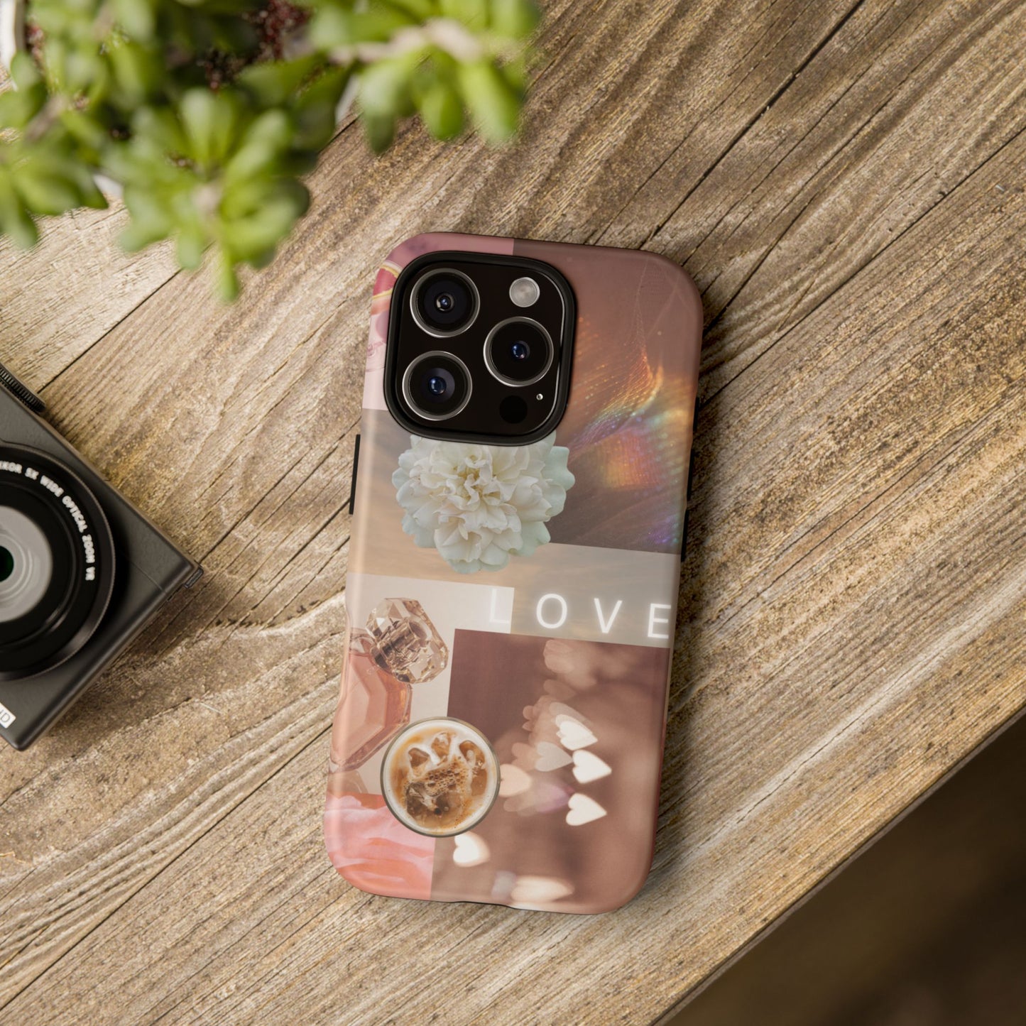 Romantic Collage Phone Case — 'LOVE' Floral, Coffee & Perfume Aesthetic