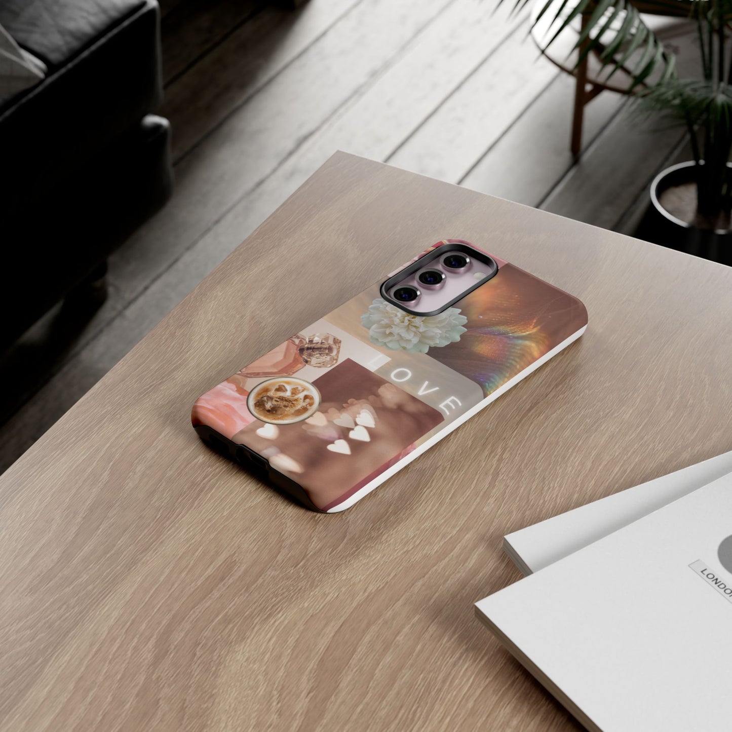 Romantic Collage Phone Case — 'LOVE' Floral, Coffee & Perfume Aesthetic