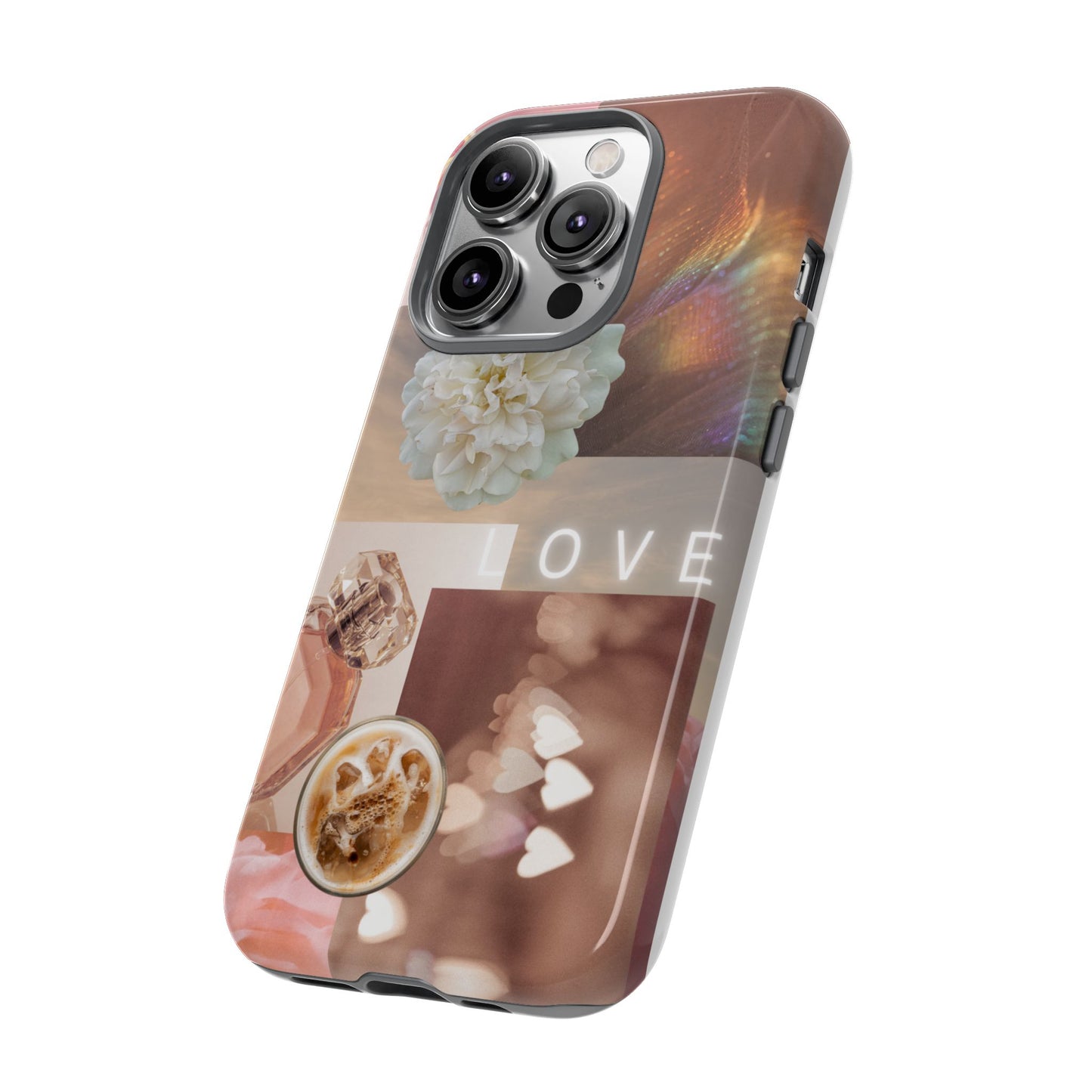 Romantic Collage Phone Case — 'LOVE' Floral, Coffee & Perfume Aesthetic