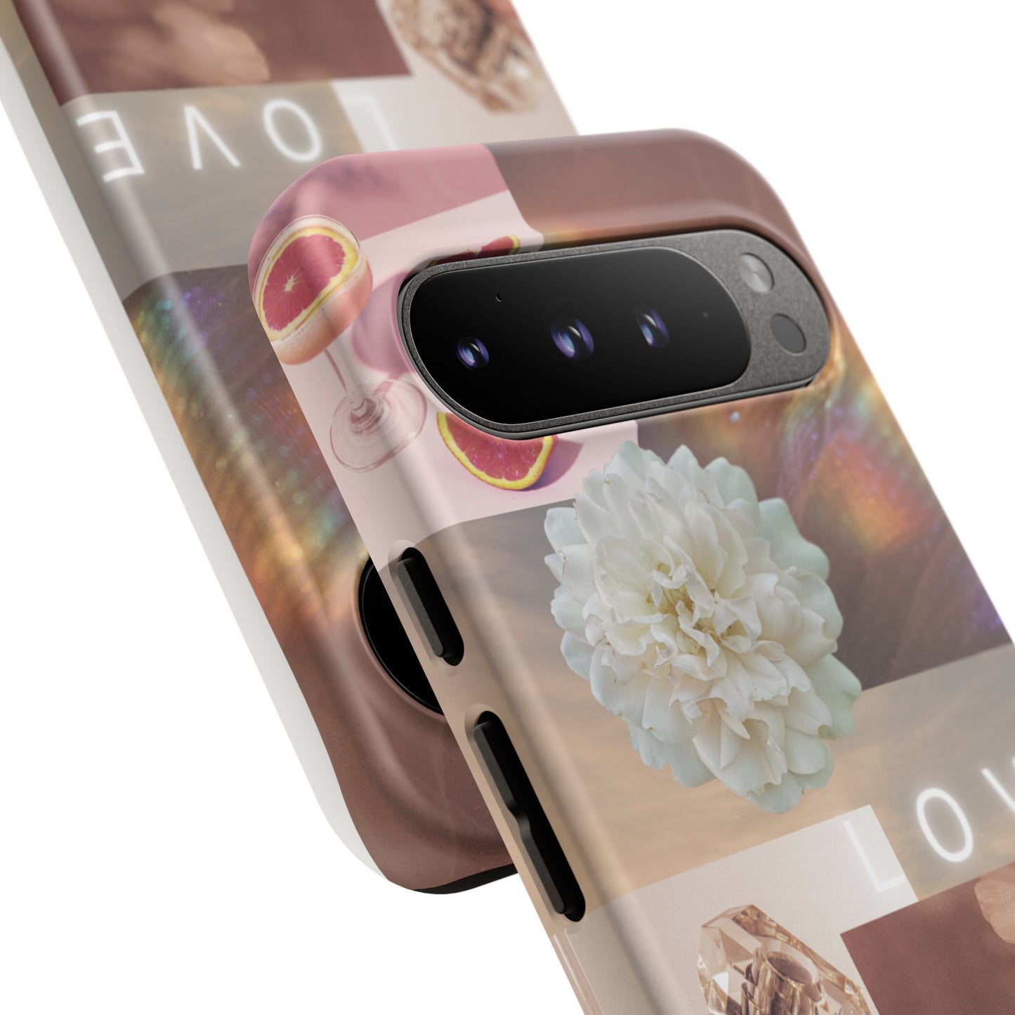 Romantic Collage Phone Case — 'LOVE' Floral, Coffee & Perfume Aesthetic