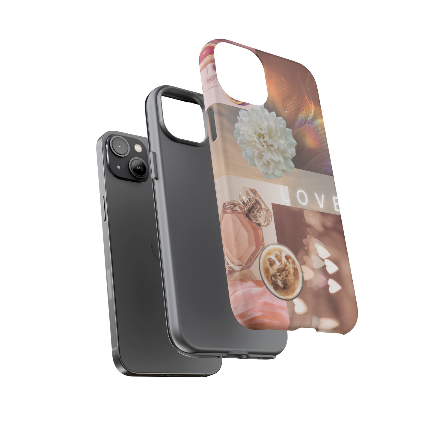 Romantic Collage Phone Case — 'LOVE' Floral, Coffee & Perfume Aesthetic
