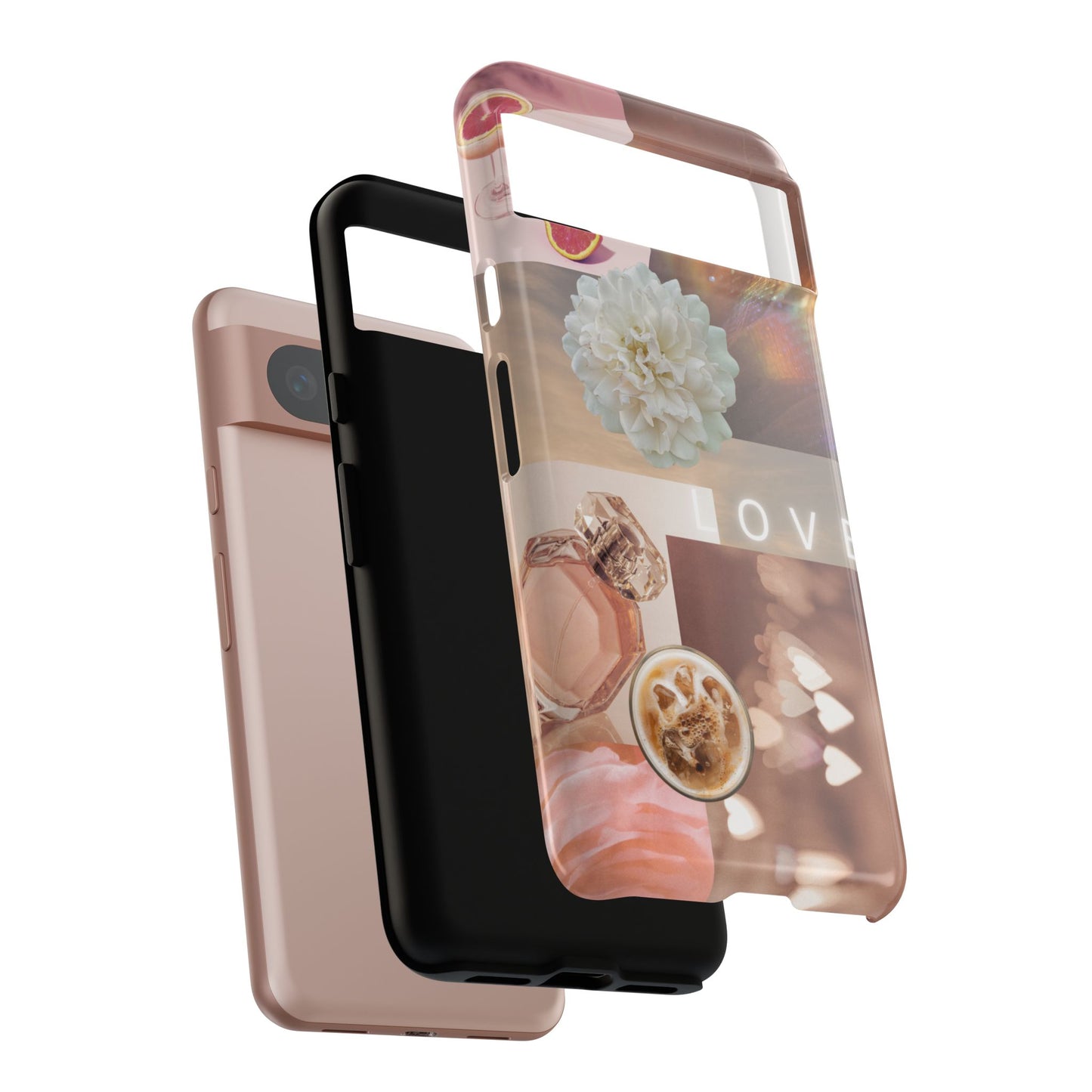 Romantic Collage Phone Case — 'LOVE' Floral, Coffee & Perfume Aesthetic