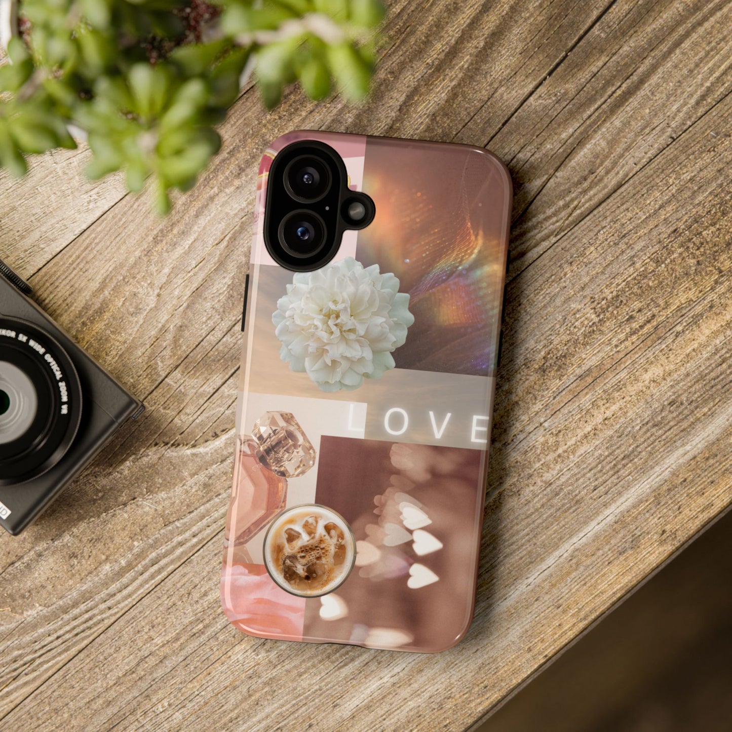 Romantic Collage Phone Case — 'LOVE' Floral, Coffee & Perfume Aesthetic