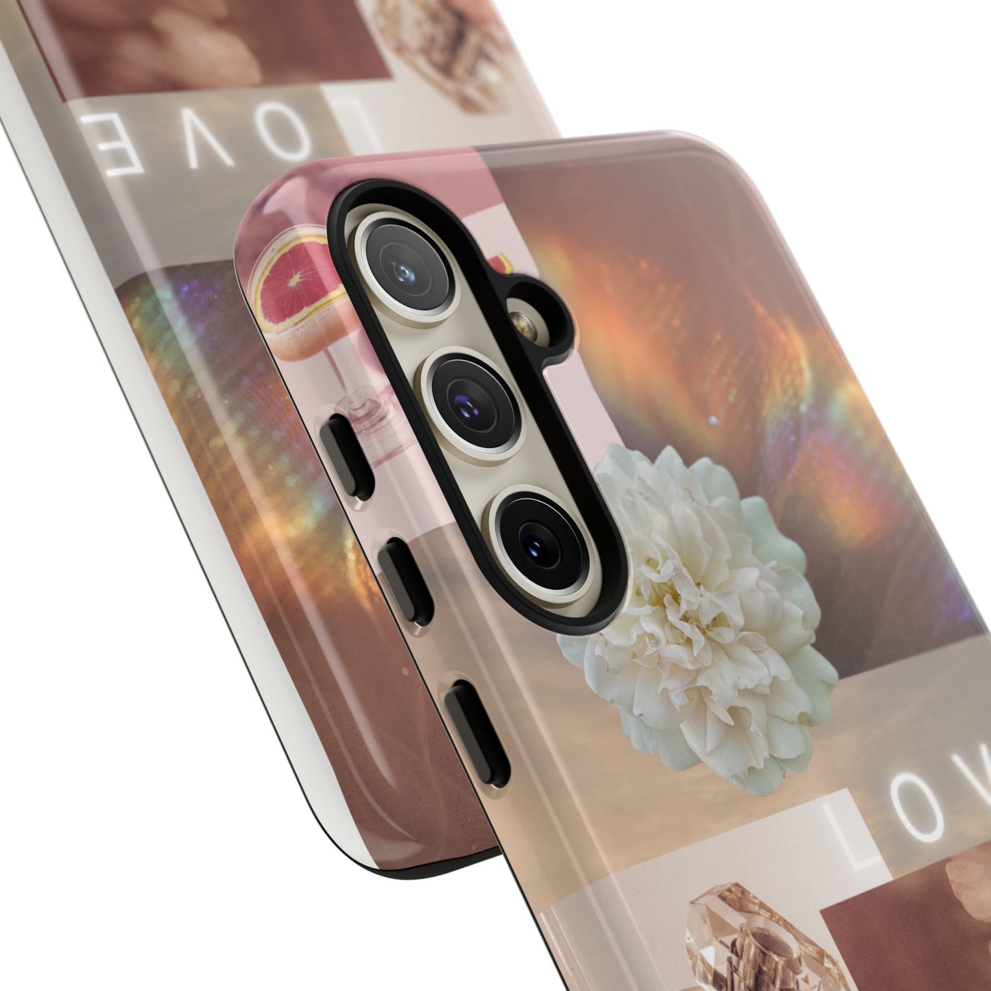 Romantic Collage Phone Case — 'LOVE' Floral, Coffee & Perfume Aesthetic