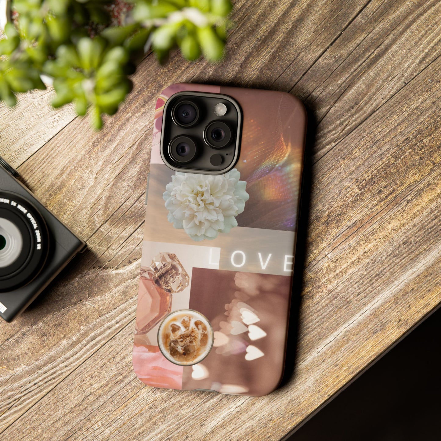 Romantic Collage Phone Case — 'LOVE' Floral, Coffee & Perfume Aesthetic