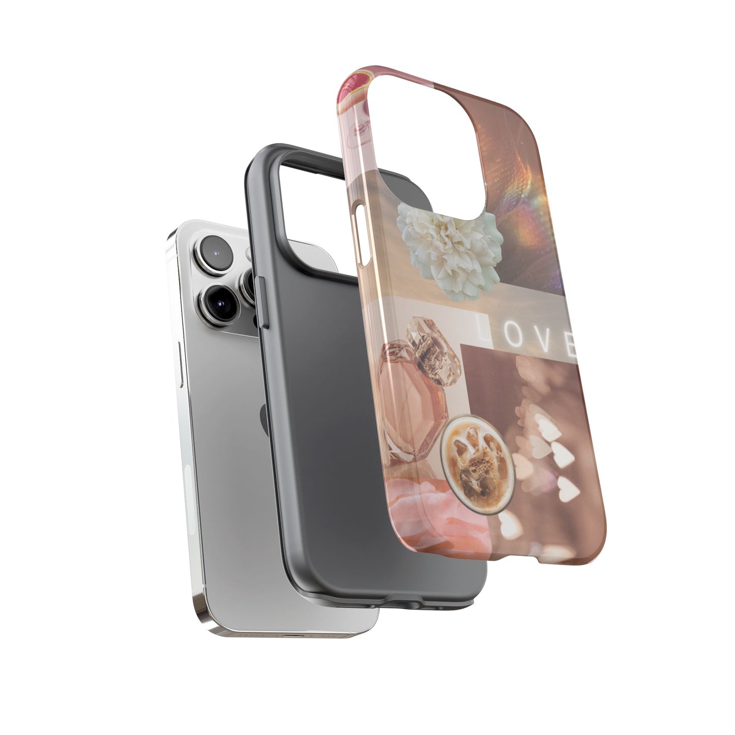 Romantic Collage Phone Case — 'LOVE' Floral, Coffee & Perfume Aesthetic