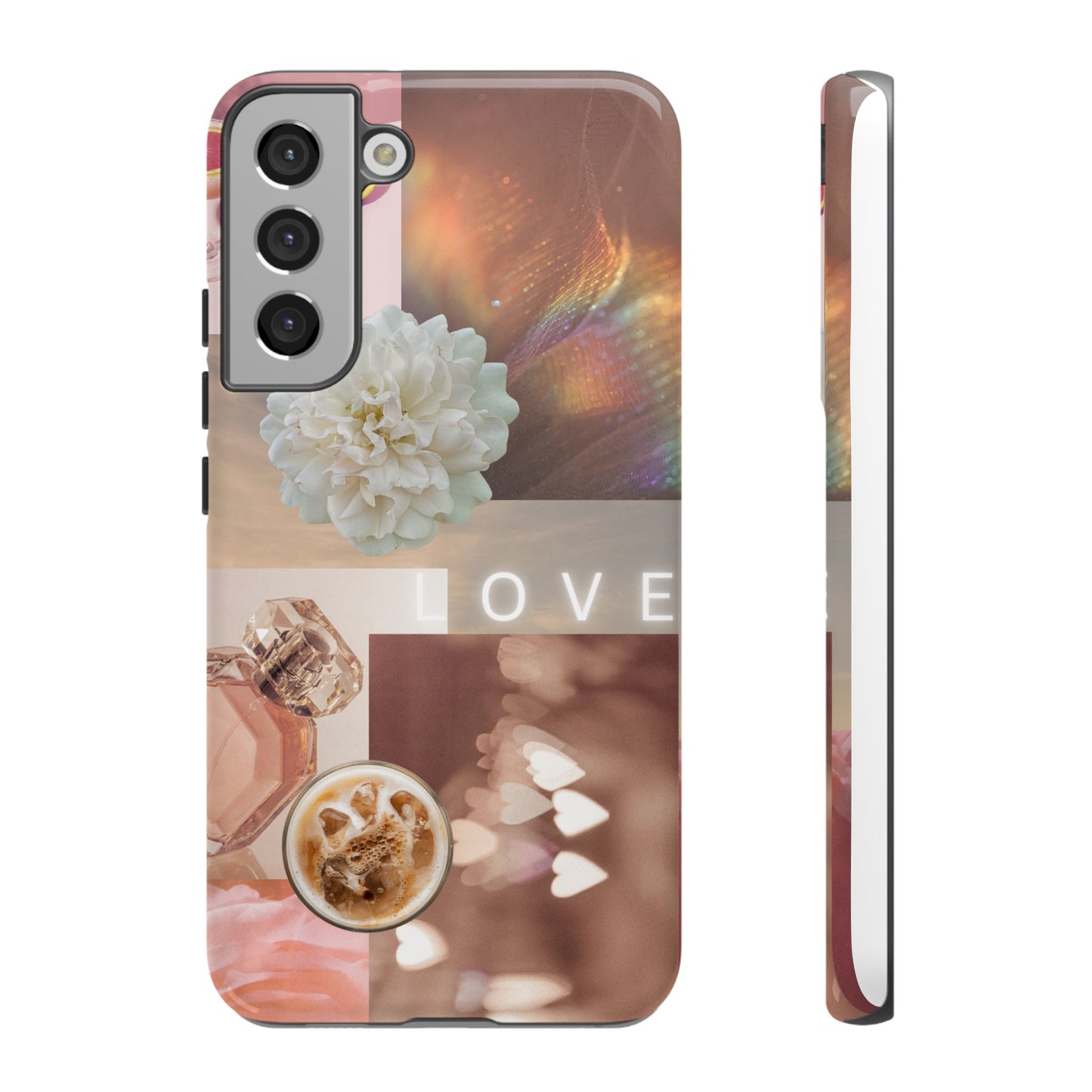 Romantic Collage Phone Case — 'LOVE' Floral, Coffee & Perfume Aesthetic