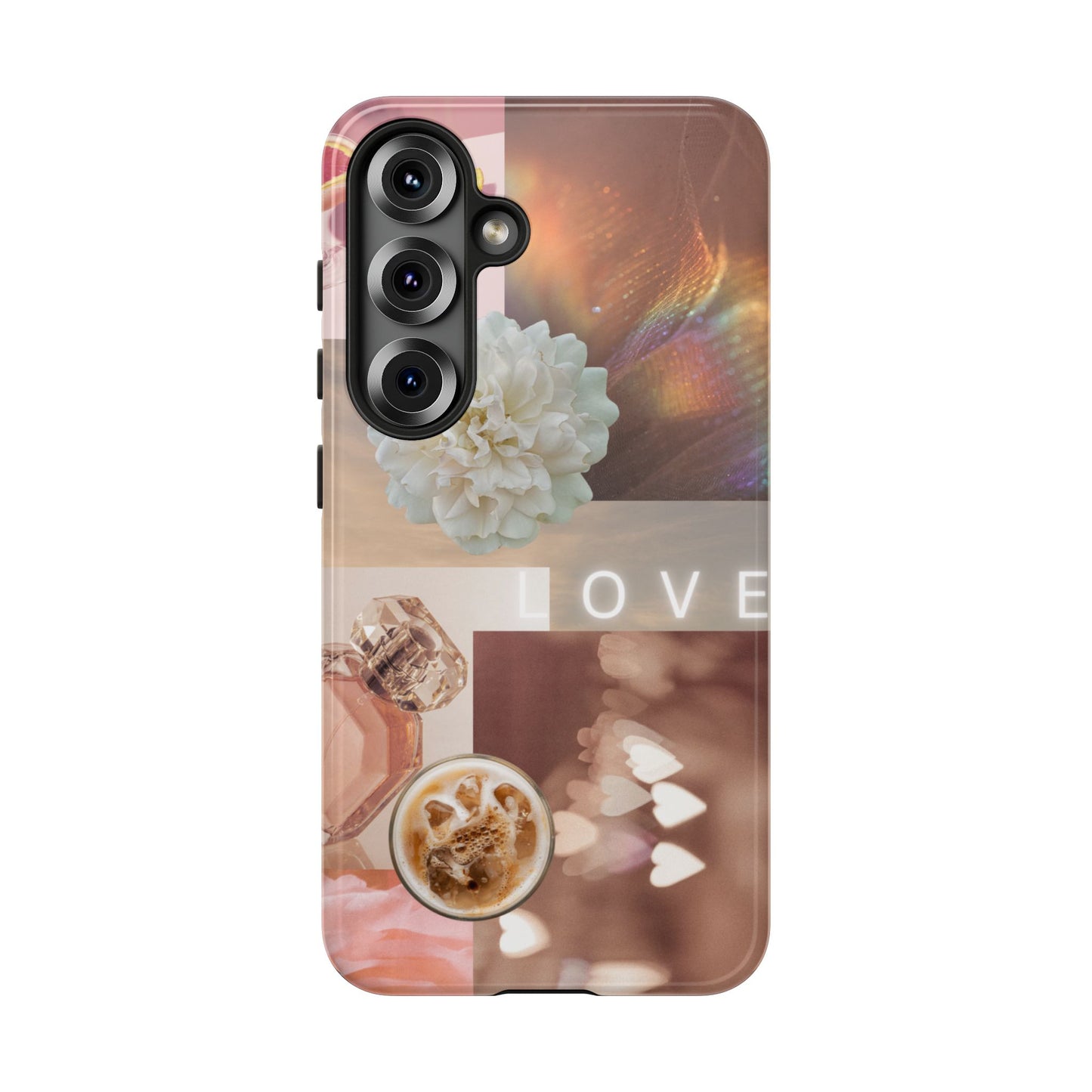 Romantic Collage Phone Case — 'LOVE' Floral, Coffee & Perfume Aesthetic
