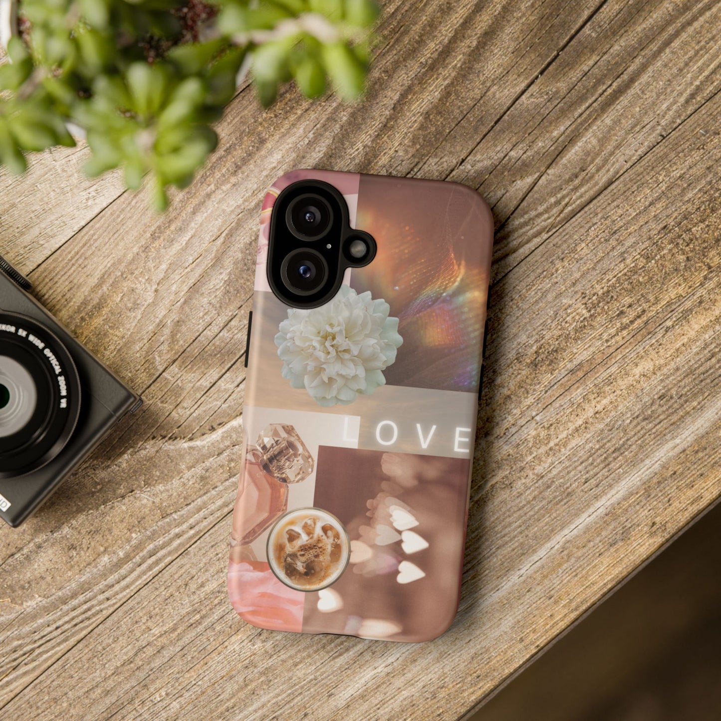 Romantic Collage Phone Case — 'LOVE' Floral, Coffee & Perfume Aesthetic
