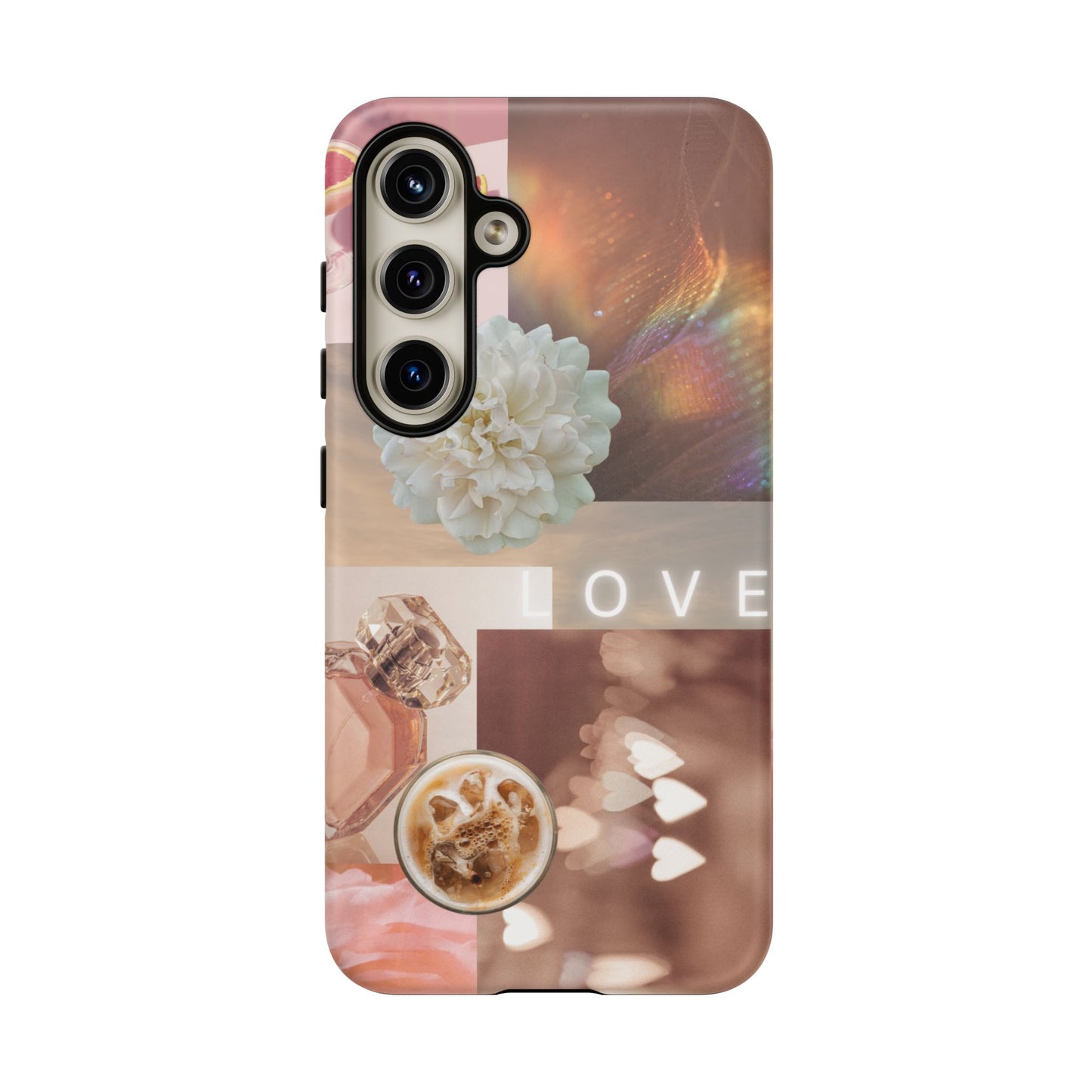 Romantic Collage Phone Case — 'LOVE' Floral, Coffee & Perfume Aesthetic