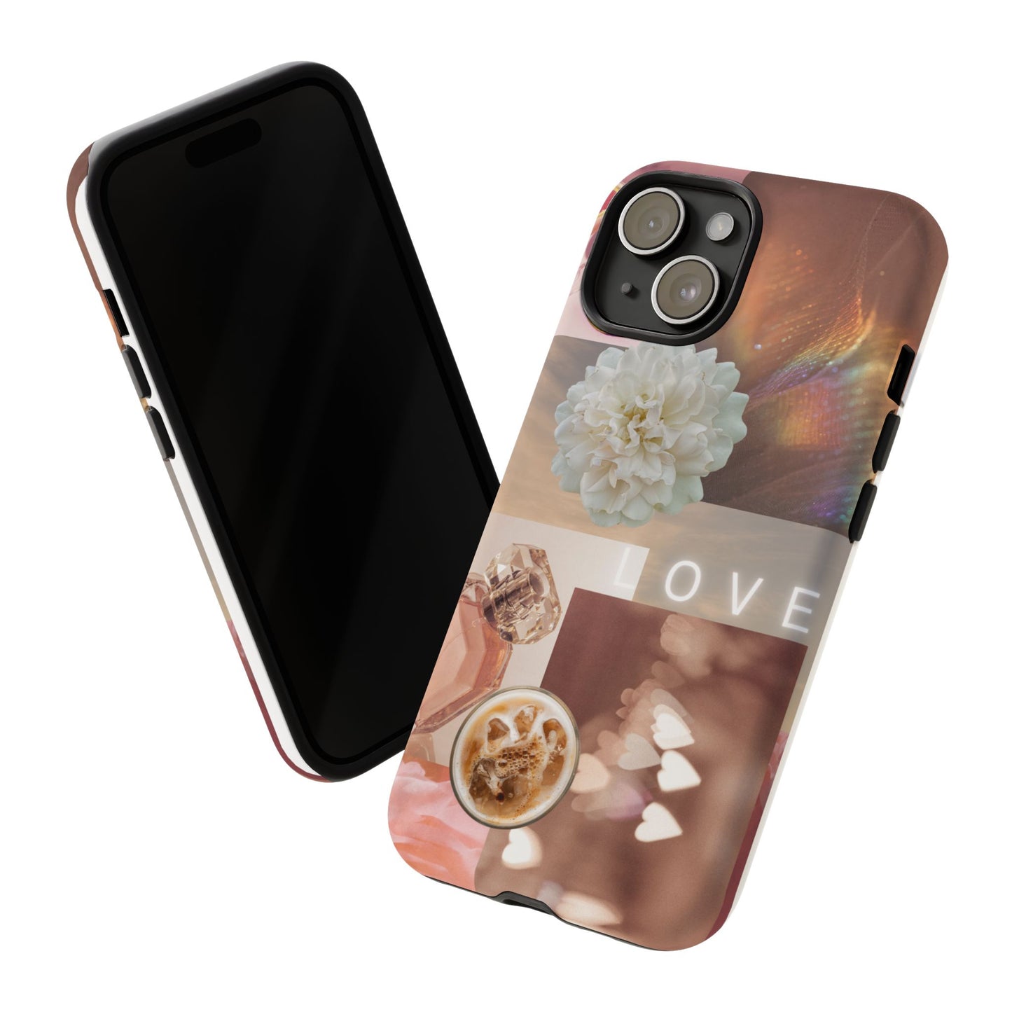 Romantic Collage Phone Case — 'LOVE' Floral, Coffee & Perfume Aesthetic