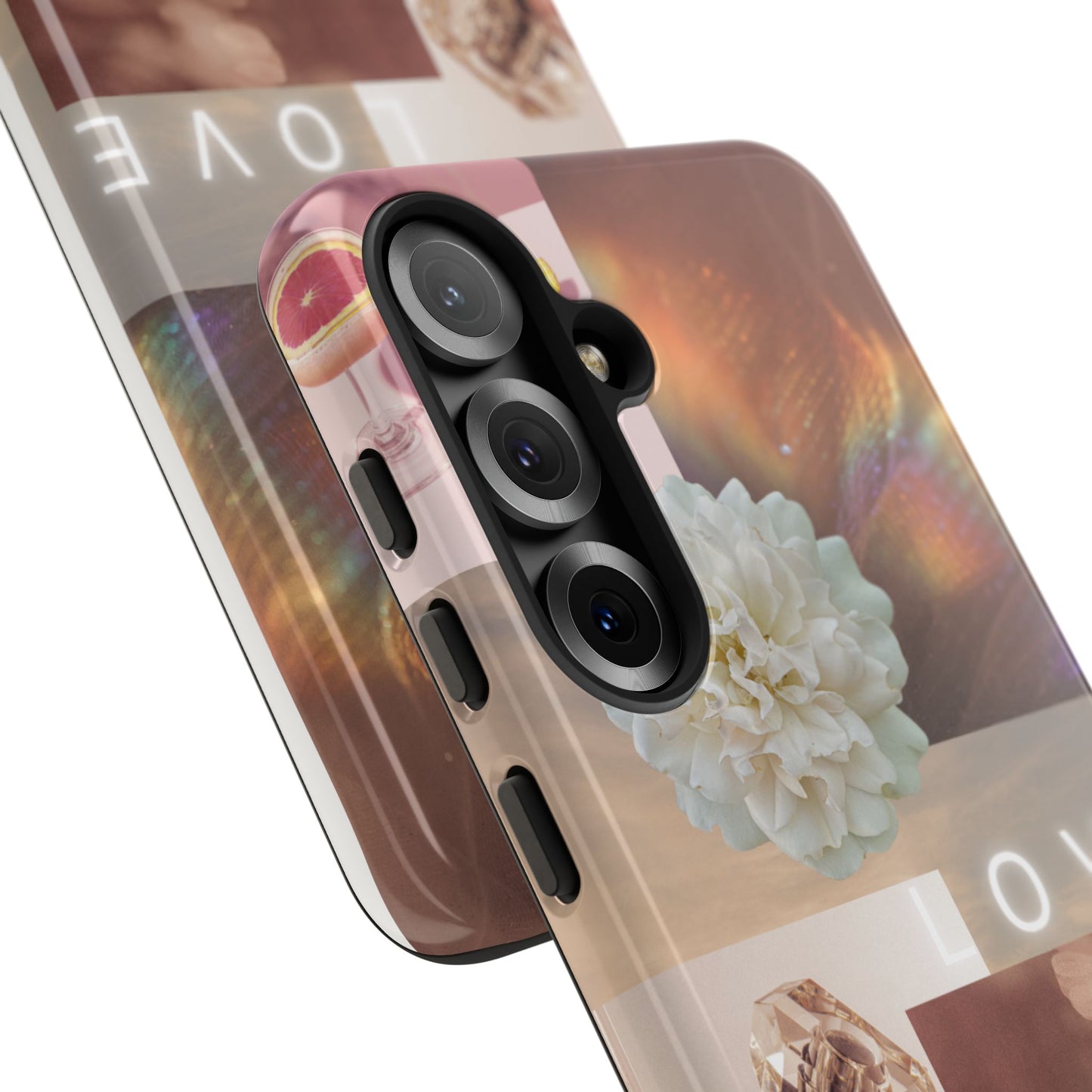Romantic Collage Phone Case — 'LOVE' Floral, Coffee & Perfume Aesthetic