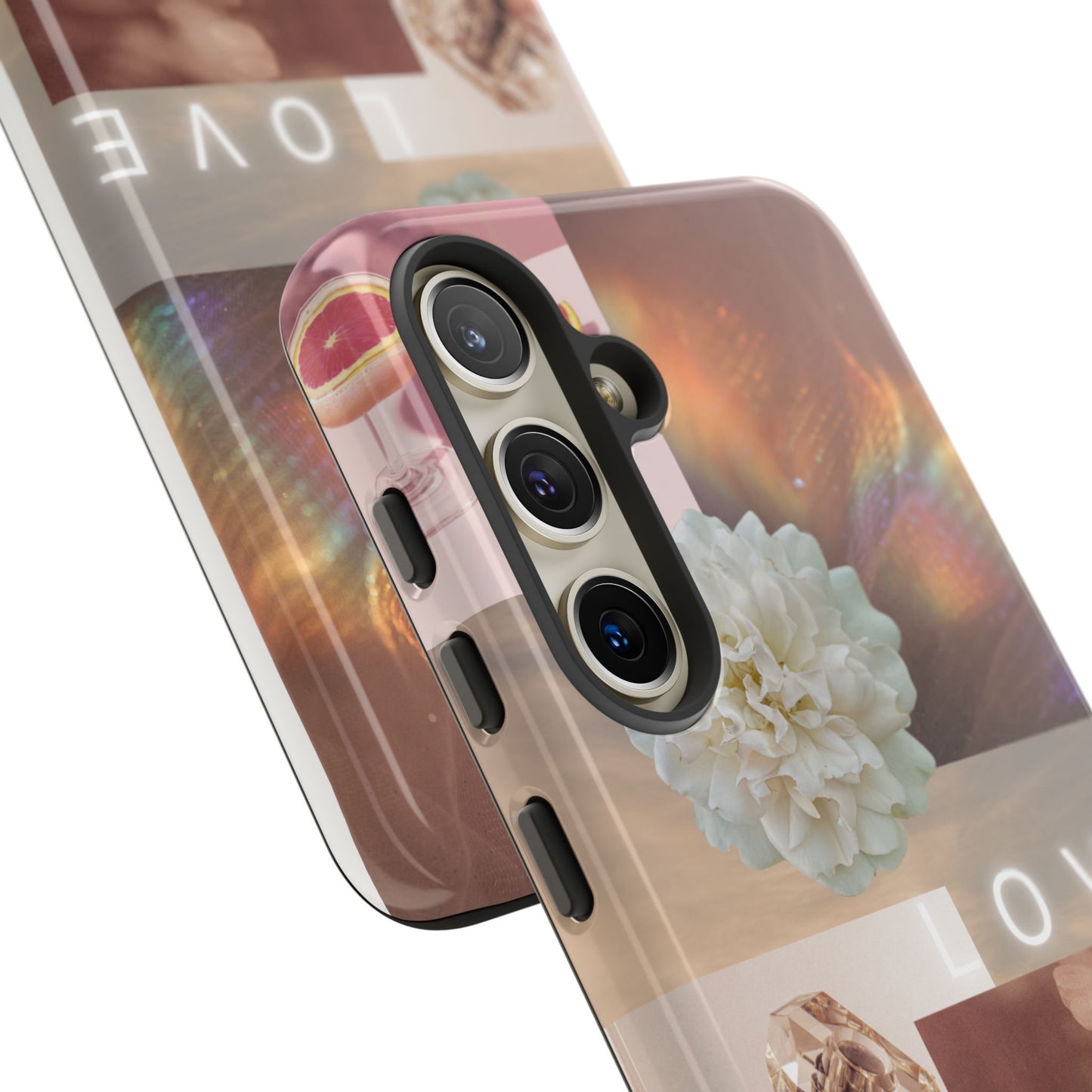 Romantic Collage Phone Case — 'LOVE' Floral, Coffee & Perfume Aesthetic