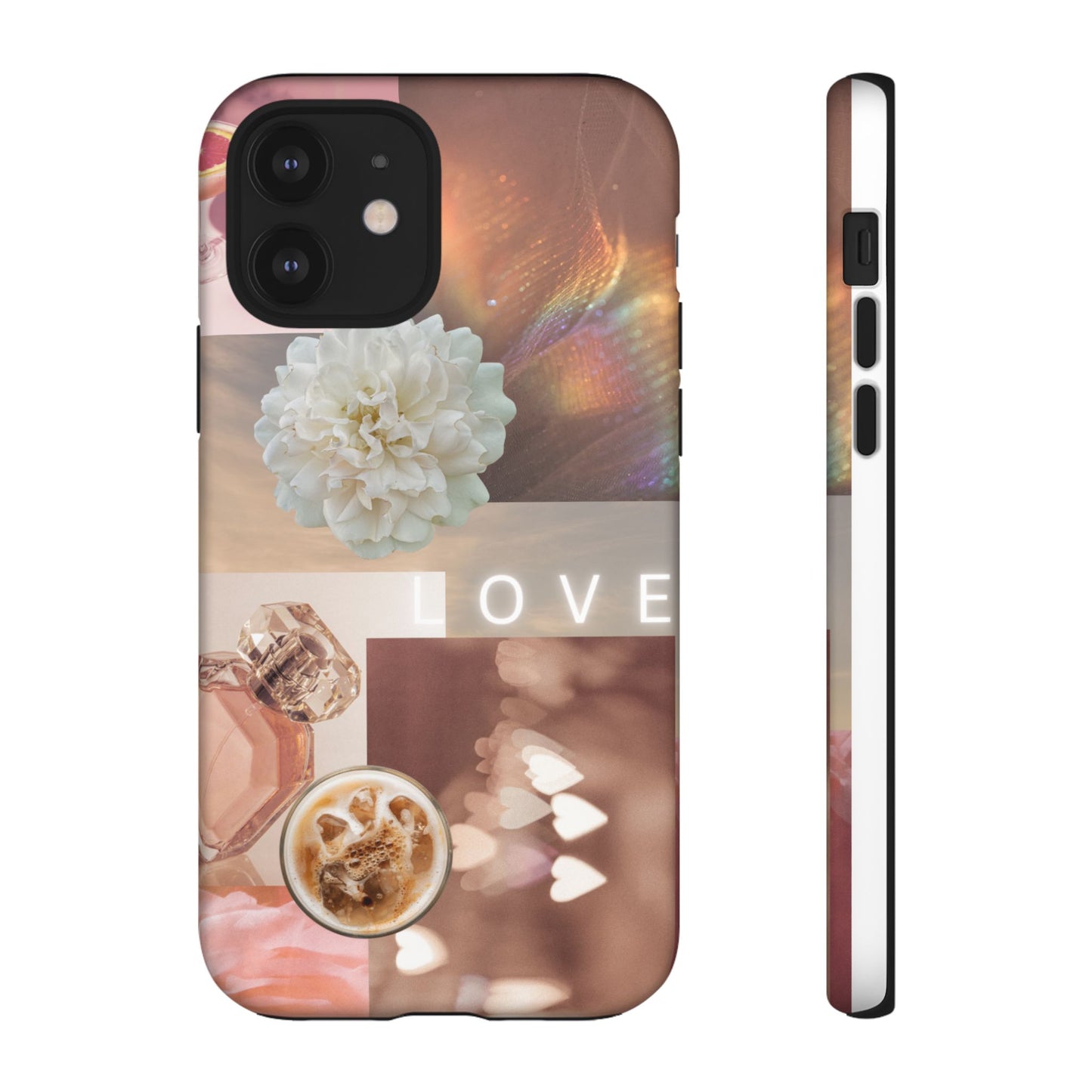 Romantic Collage Phone Case — 'LOVE' Floral, Coffee & Perfume Aesthetic