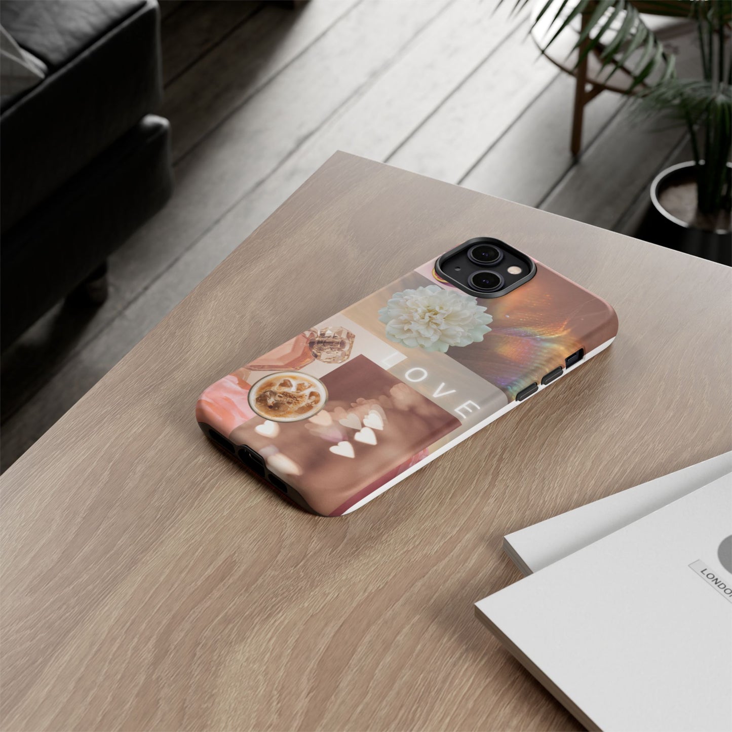 Romantic Collage Phone Case — 'LOVE' Floral, Coffee & Perfume Aesthetic