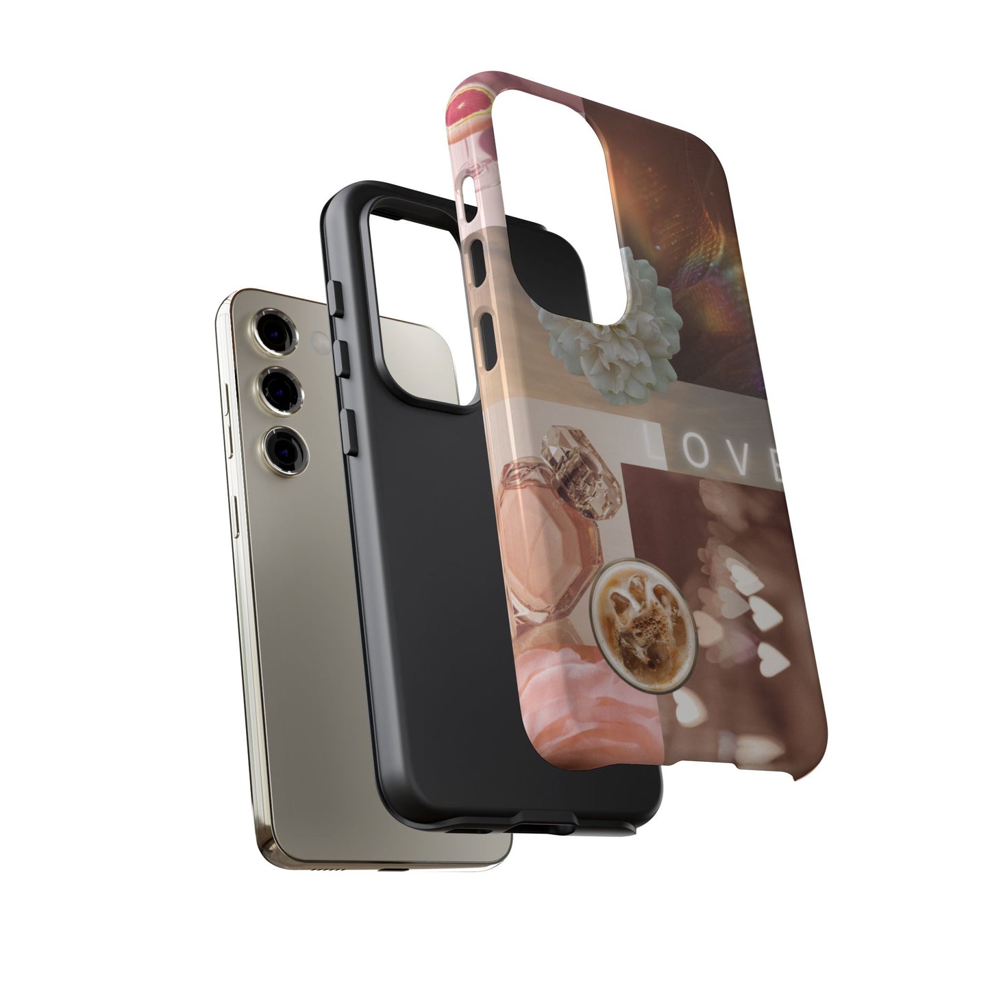 Romantic Collage Phone Case — 'LOVE' Floral, Coffee & Perfume Aesthetic