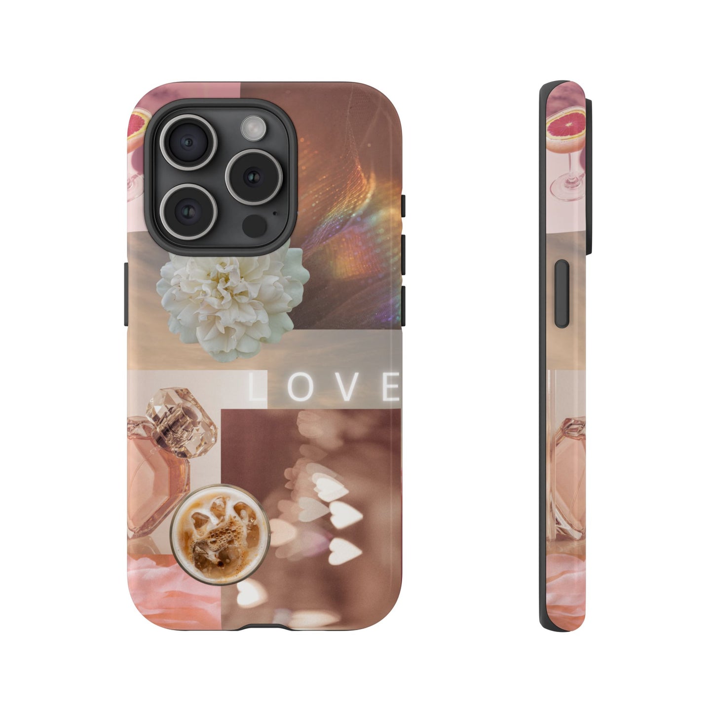 Romantic Collage Phone Case — 'LOVE' Floral, Coffee & Perfume Aesthetic