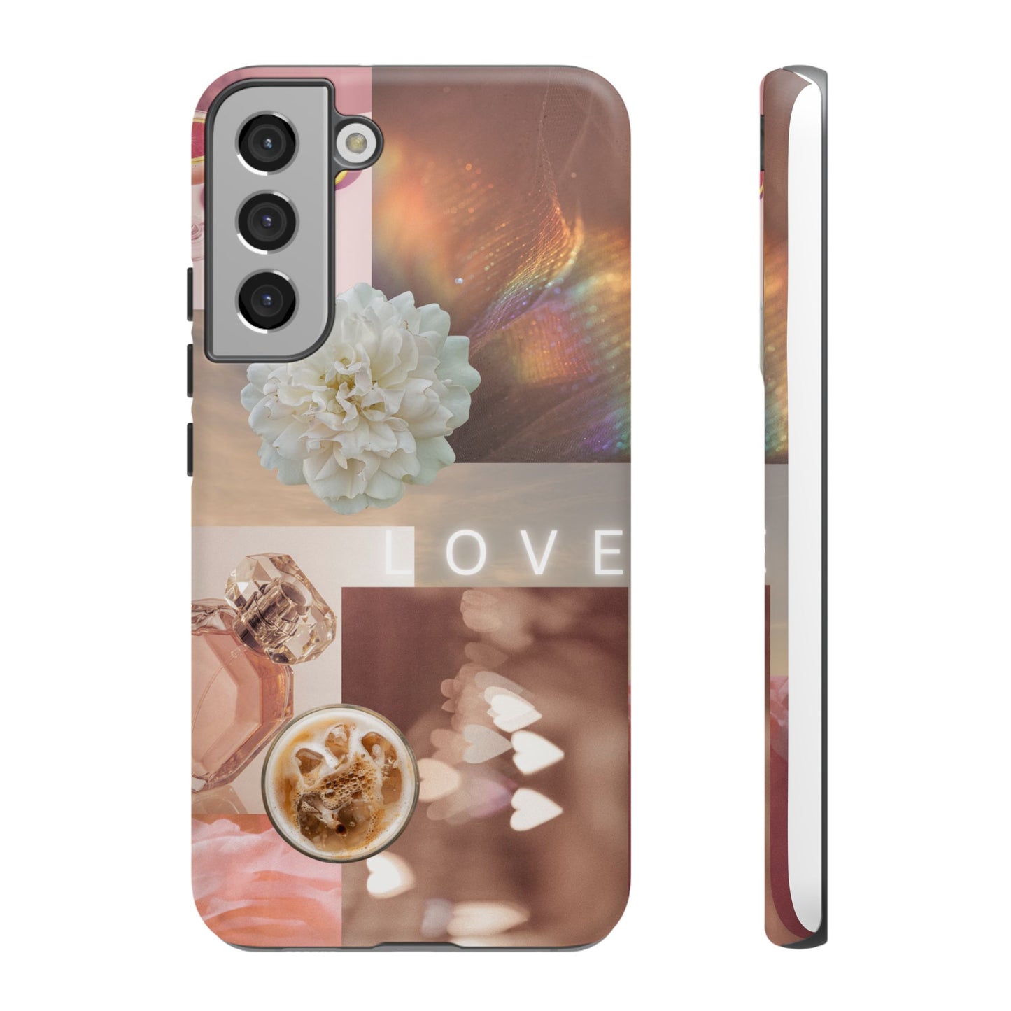 Romantic Collage Phone Case — 'LOVE' Floral, Coffee & Perfume Aesthetic