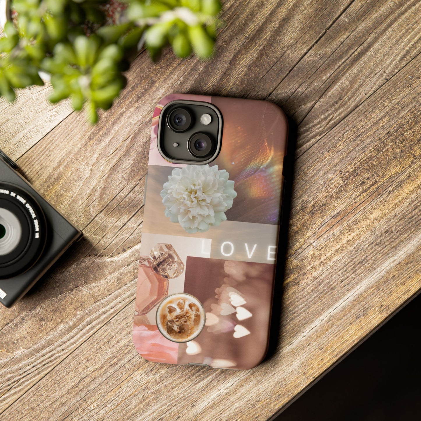Romantic Collage Phone Case — 'LOVE' Floral, Coffee & Perfume Aesthetic