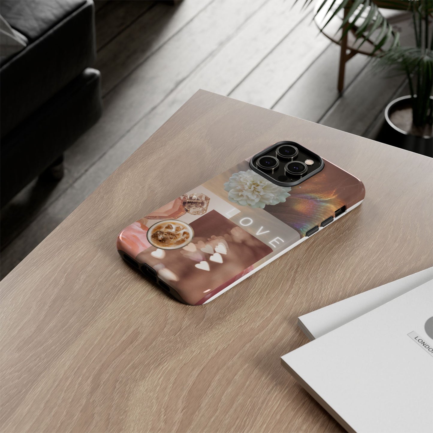 Romantic Collage Phone Case — 'LOVE' Floral, Coffee & Perfume Aesthetic