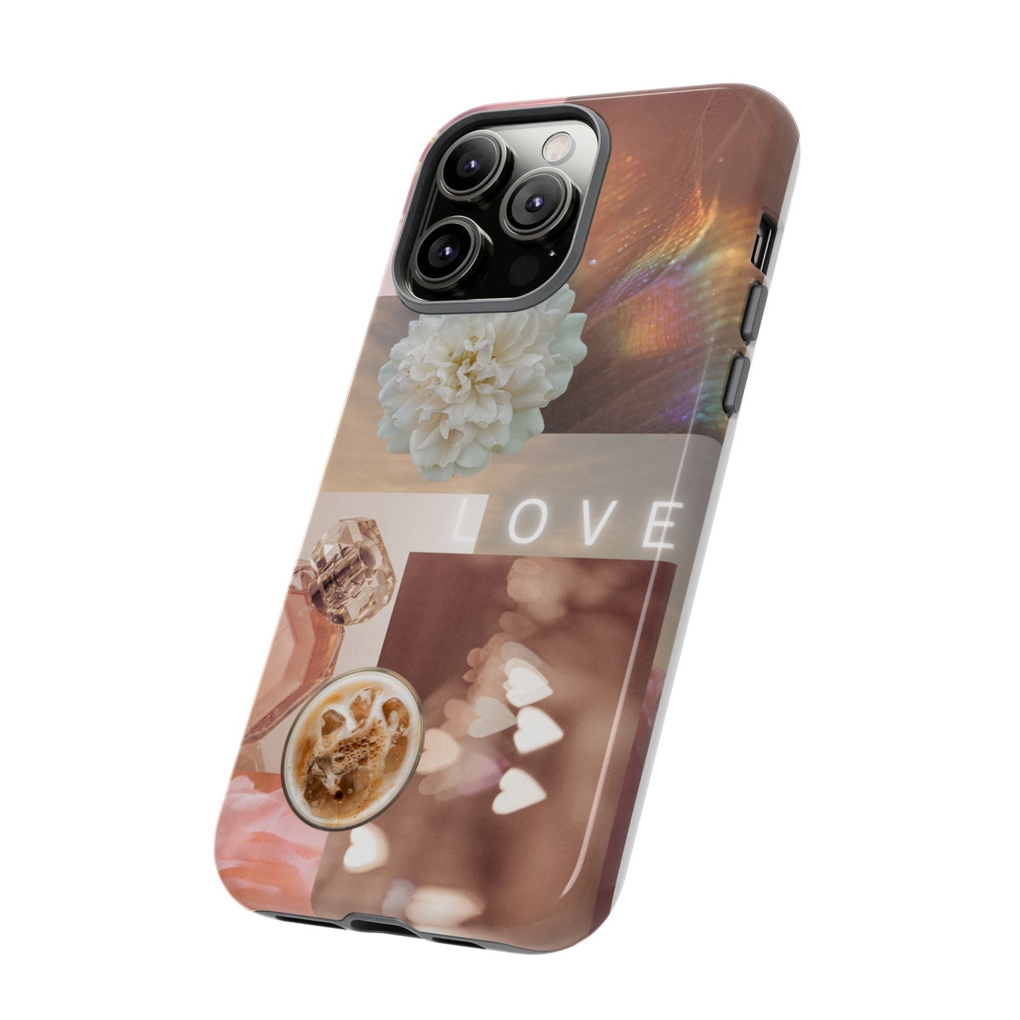 Romantic Collage Phone Case — 'LOVE' Floral, Coffee & Perfume Aesthetic