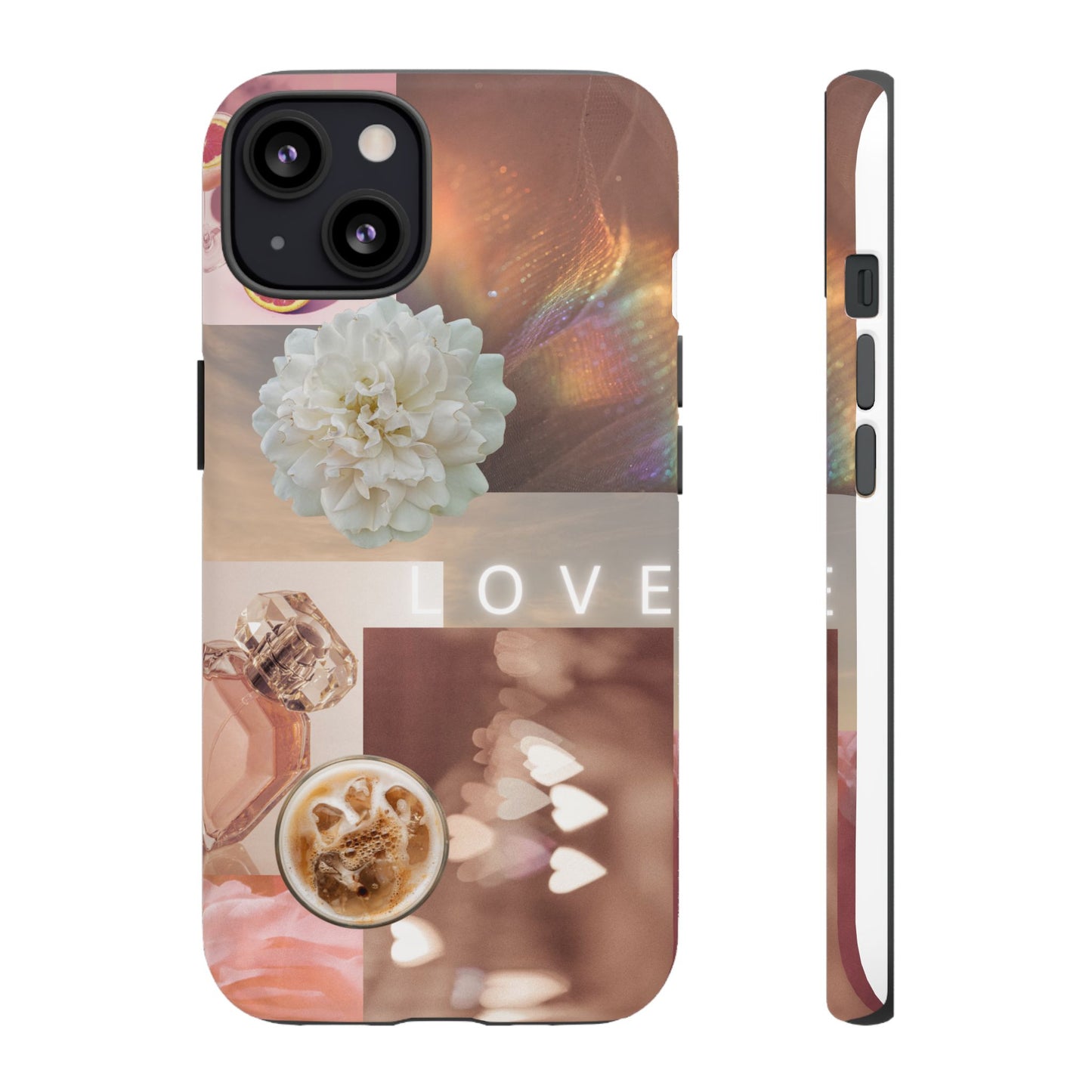 Romantic Collage Phone Case — 'LOVE' Floral, Coffee & Perfume Aesthetic