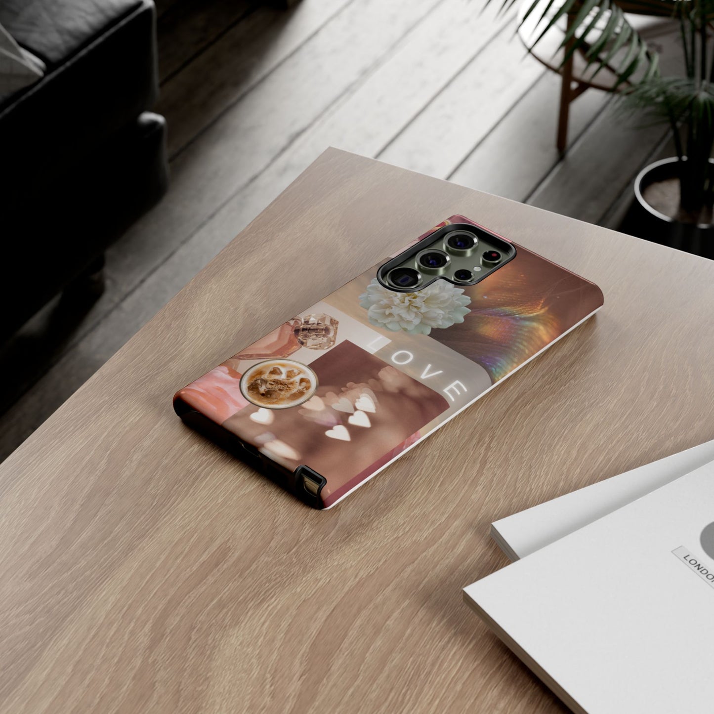 Romantic Collage Phone Case — 'LOVE' Floral, Coffee & Perfume Aesthetic