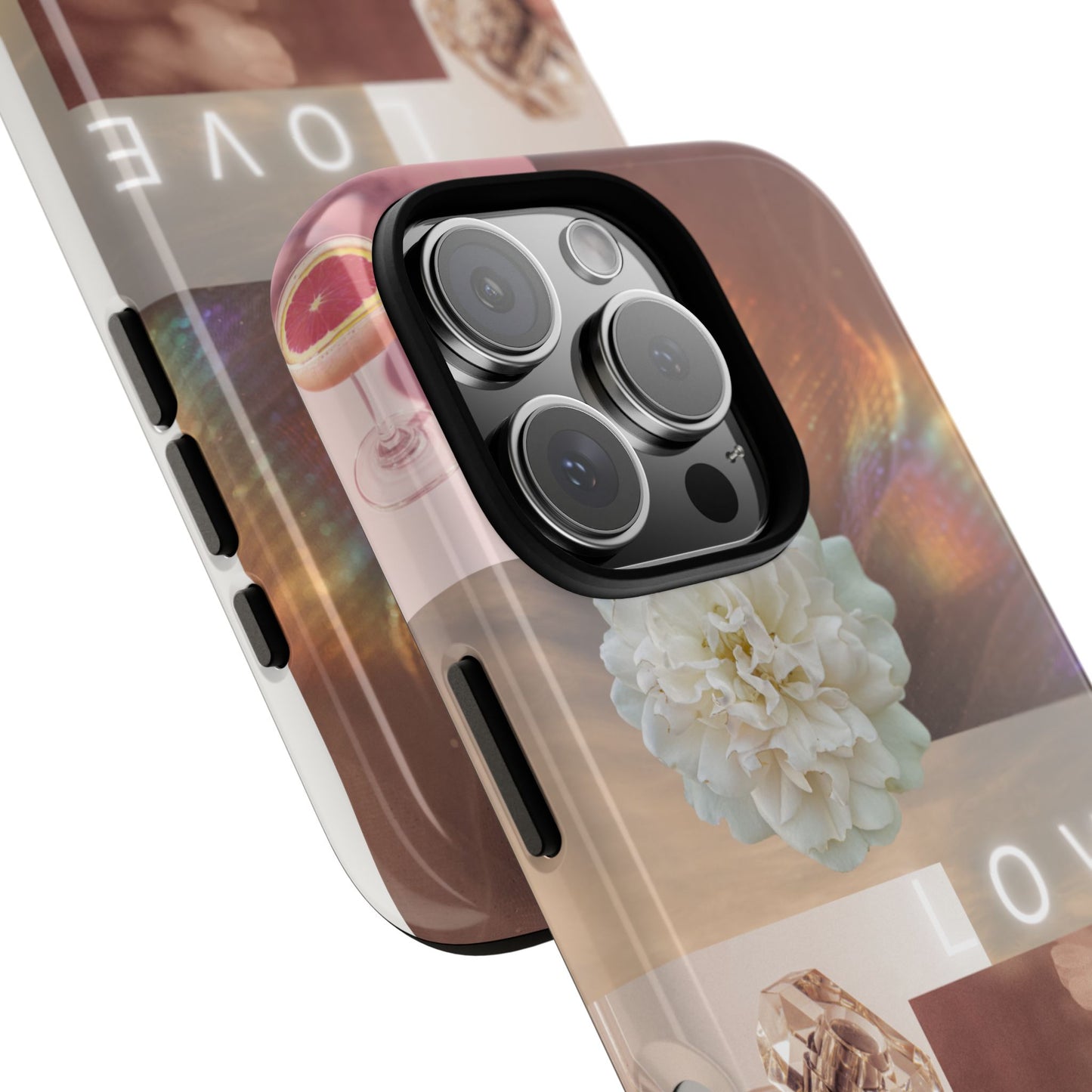 Romantic Collage Phone Case — 'LOVE' Floral, Coffee & Perfume Aesthetic
