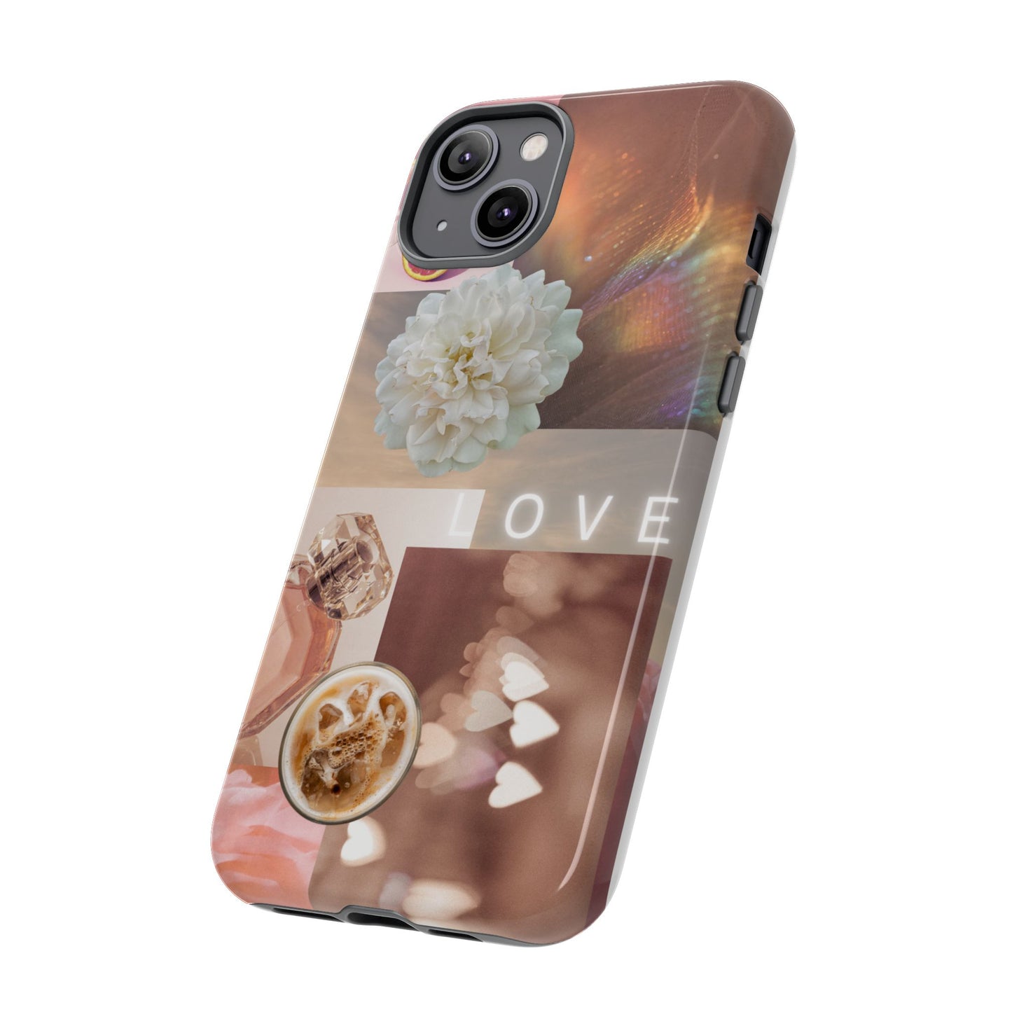 Romantic Collage Phone Case — 'LOVE' Floral, Coffee & Perfume Aesthetic