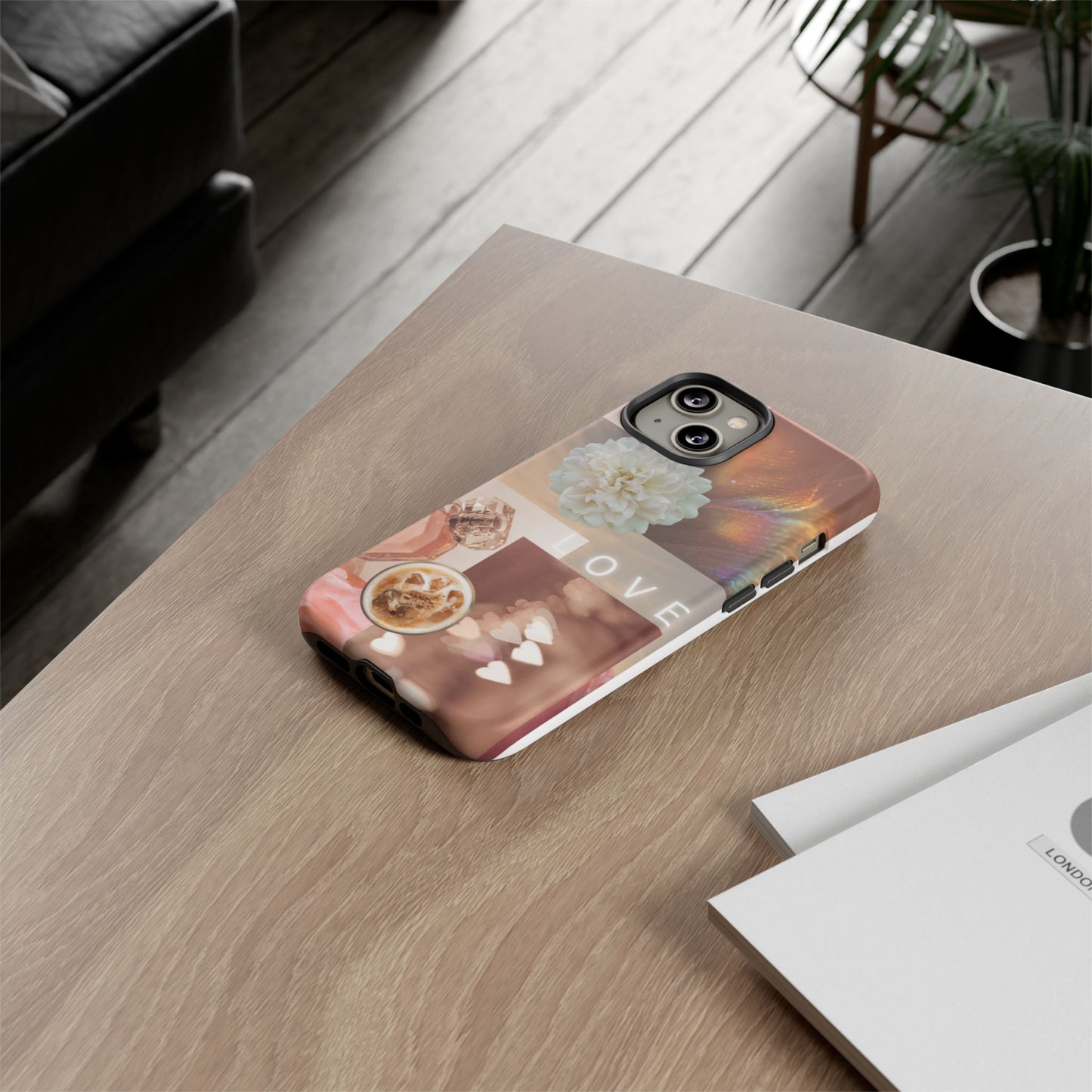 Romantic Collage Phone Case — 'LOVE' Floral, Coffee & Perfume Aesthetic