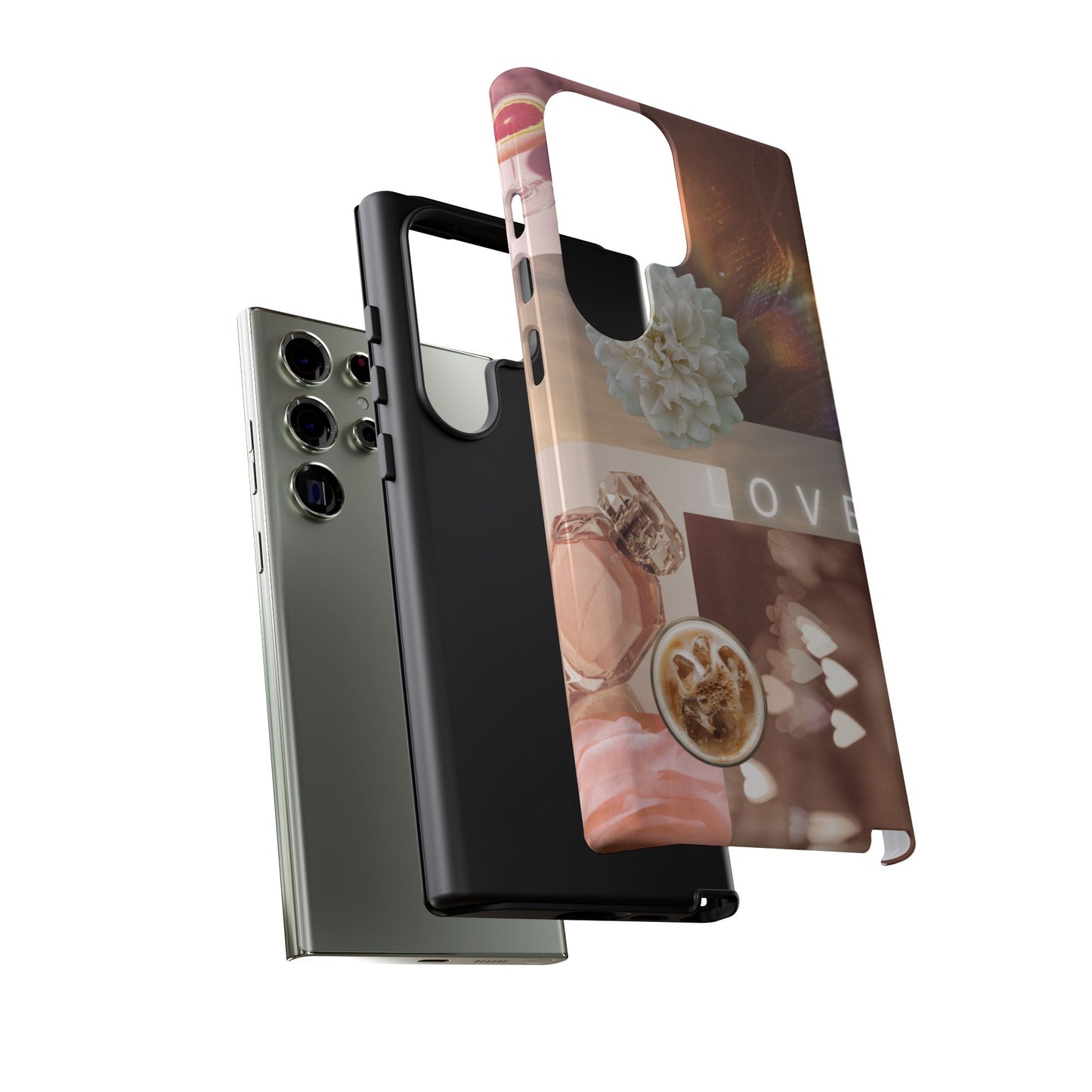 Romantic Collage Phone Case — 'LOVE' Floral, Coffee & Perfume Aesthetic