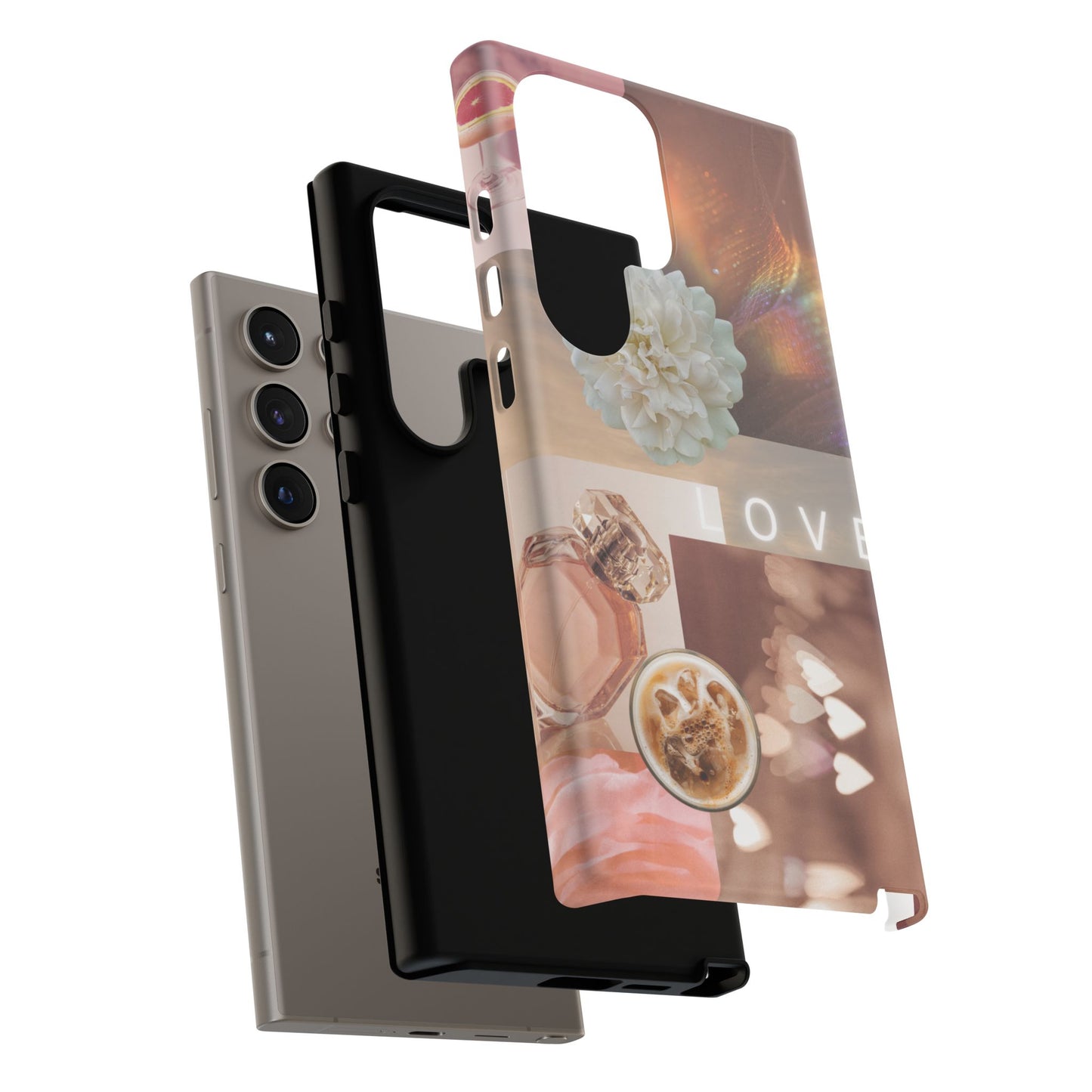 Romantic Collage Phone Case — 'LOVE' Floral, Coffee & Perfume Aesthetic