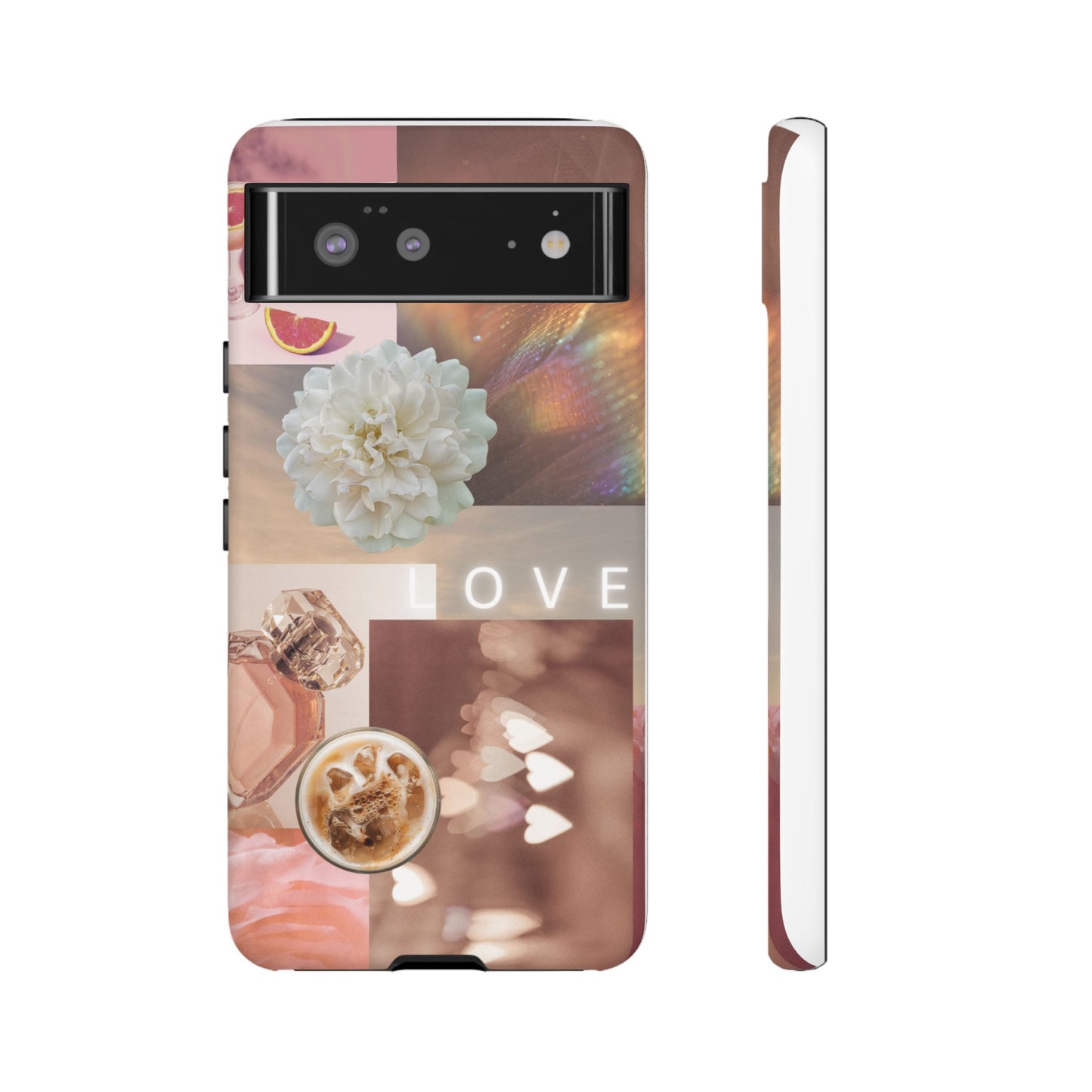 Romantic Collage Phone Case — 'LOVE' Floral, Coffee & Perfume Aesthetic
