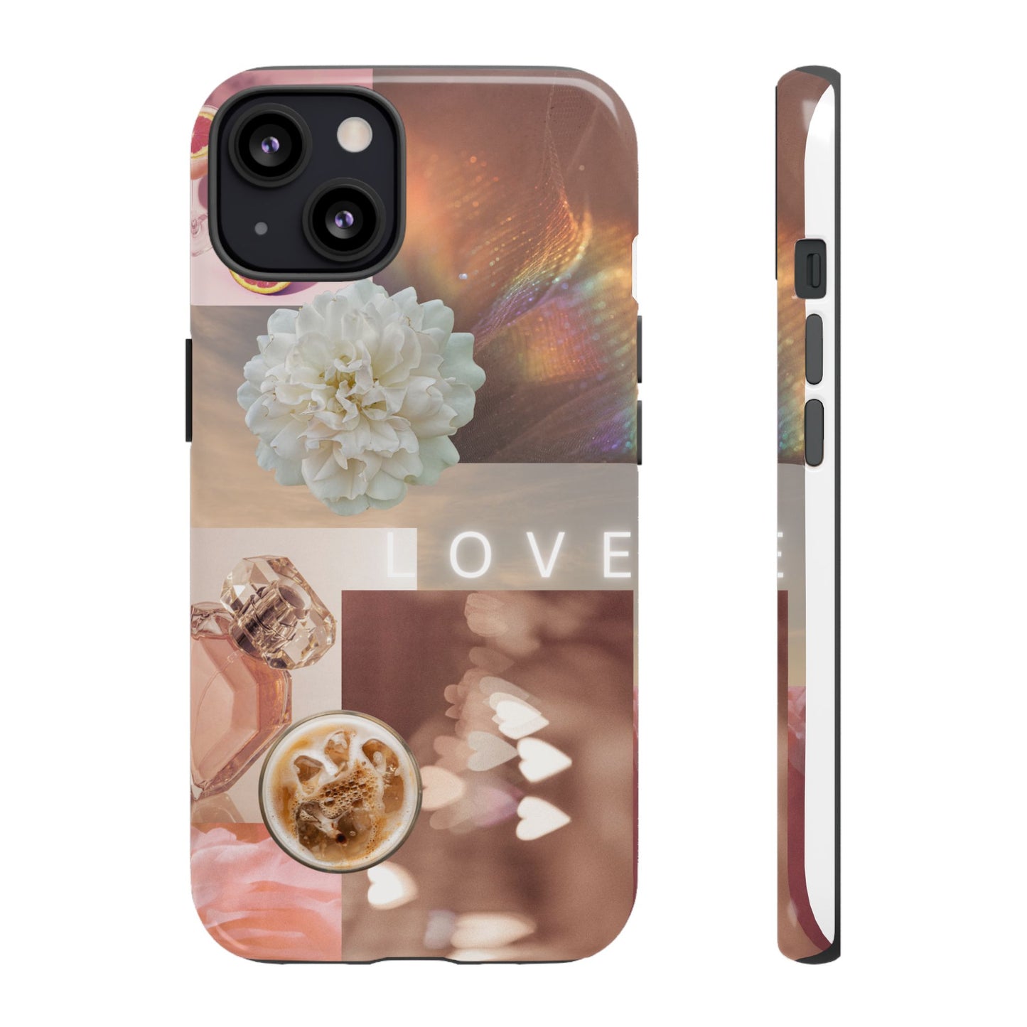 Romantic Collage Phone Case — 'LOVE' Floral, Coffee & Perfume Aesthetic