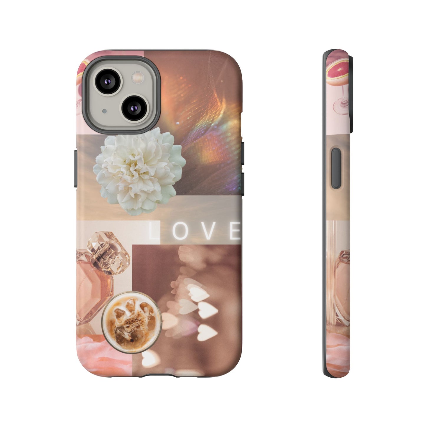 Romantic Collage Phone Case — 'LOVE' Floral, Coffee & Perfume Aesthetic