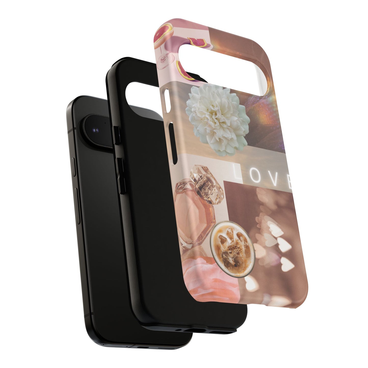 Romantic Collage Phone Case — 'LOVE' Floral, Coffee & Perfume Aesthetic