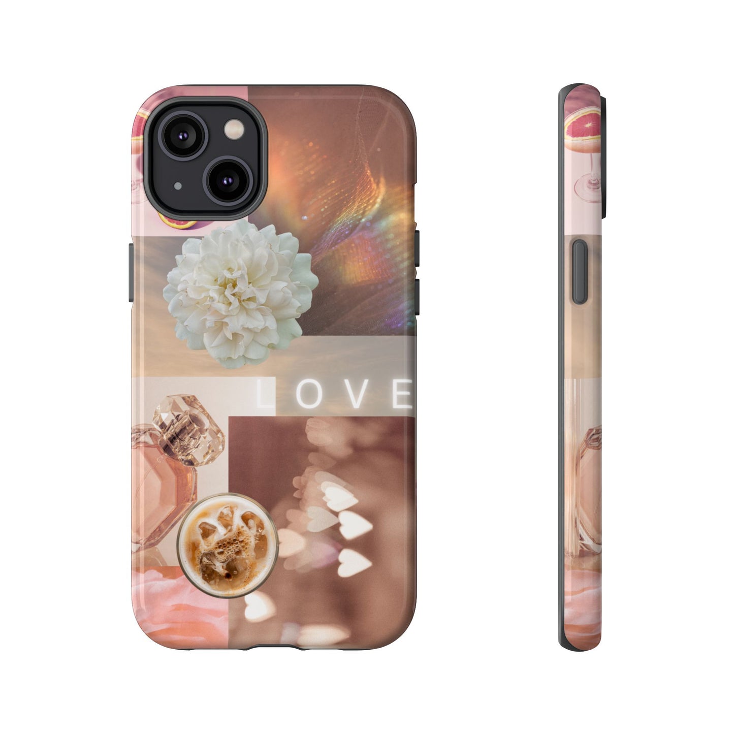 Romantic Collage Phone Case — 'LOVE' Floral, Coffee & Perfume Aesthetic
