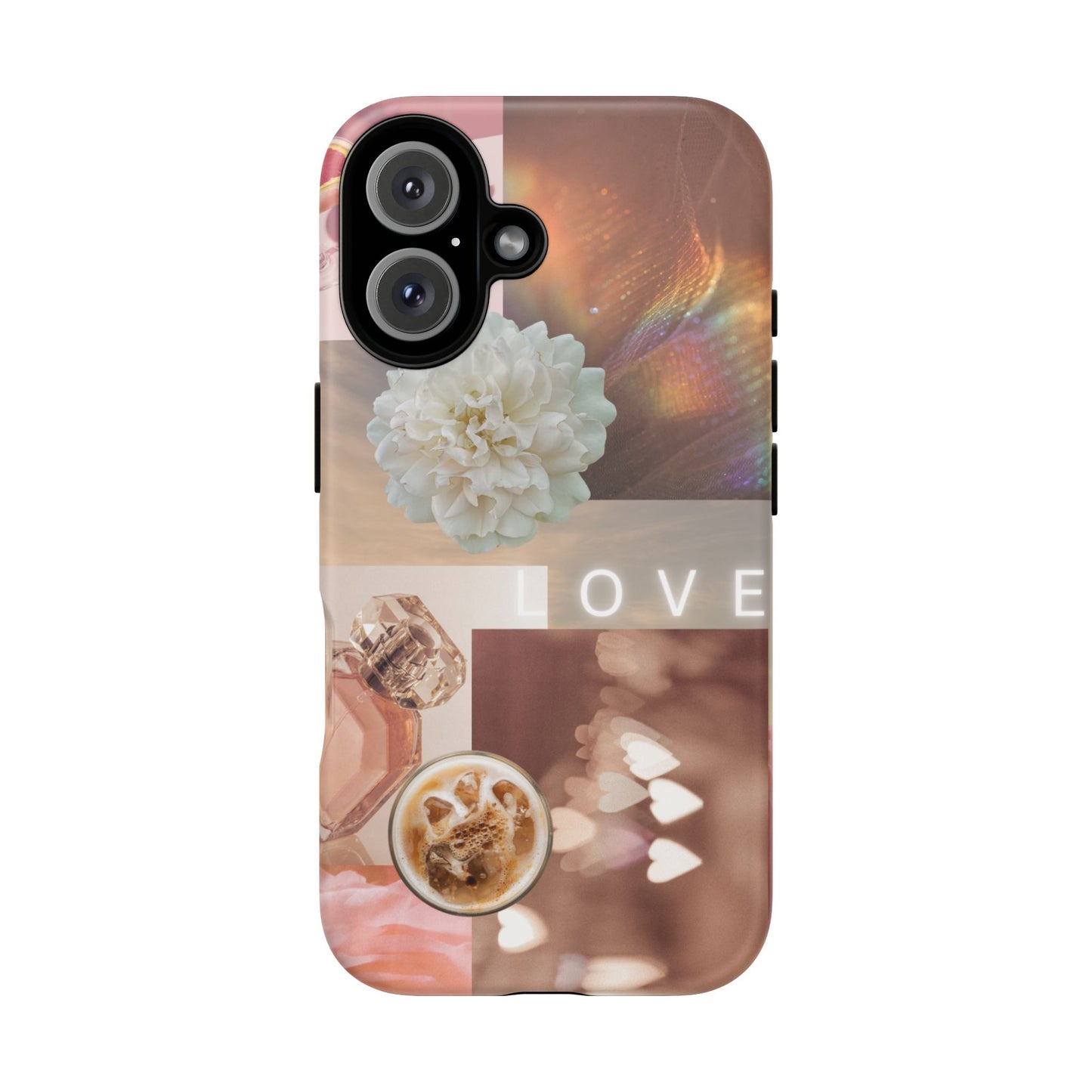 Romantic Collage Phone Case — 'LOVE' Floral, Coffee & Perfume Aesthetic