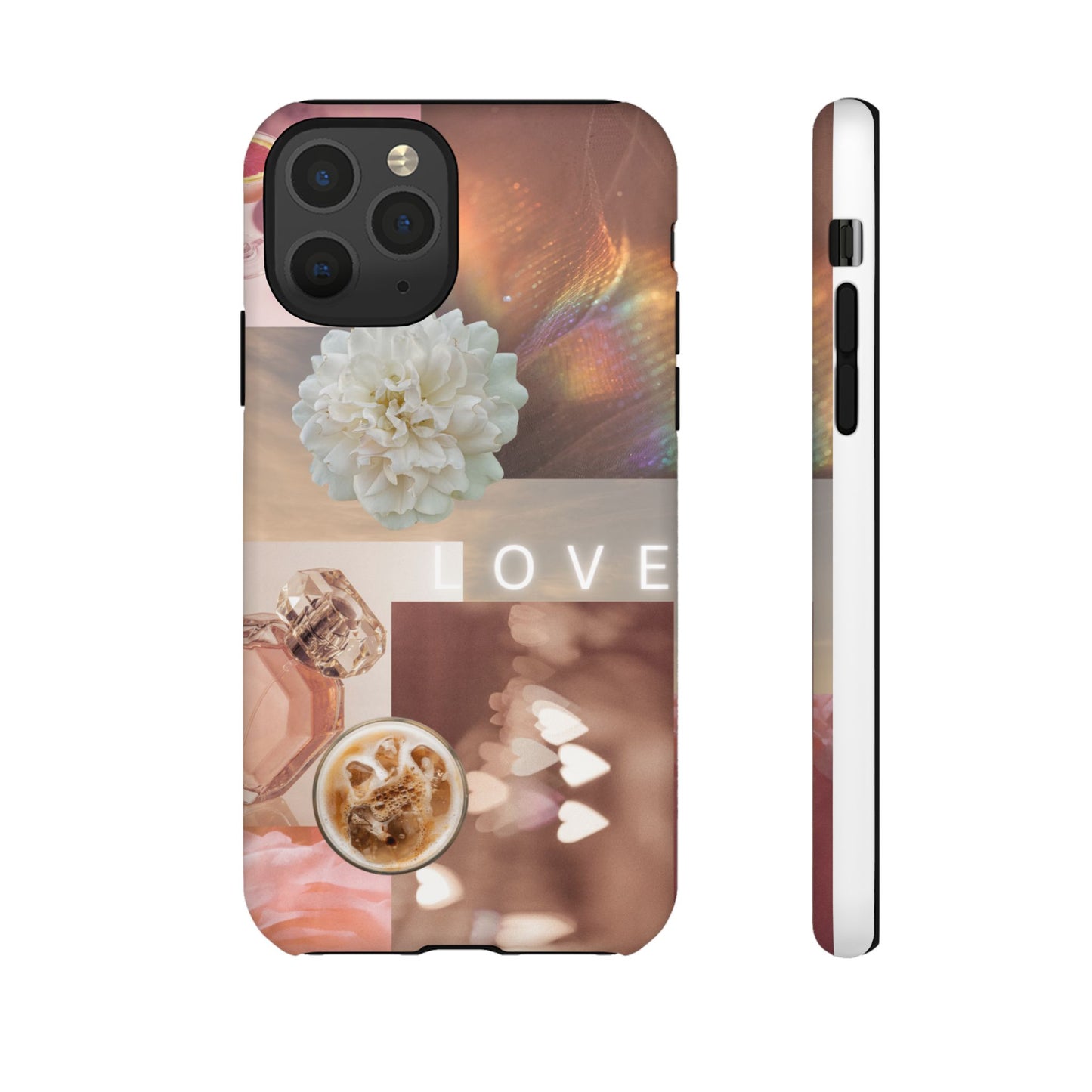 Romantic Collage Phone Case — 'LOVE' Floral, Coffee & Perfume Aesthetic