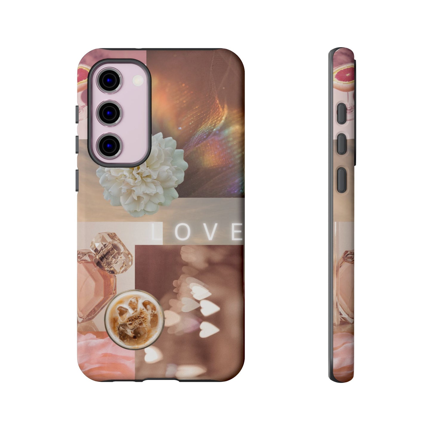 Romantic Collage Phone Case — 'LOVE' Floral, Coffee & Perfume Aesthetic